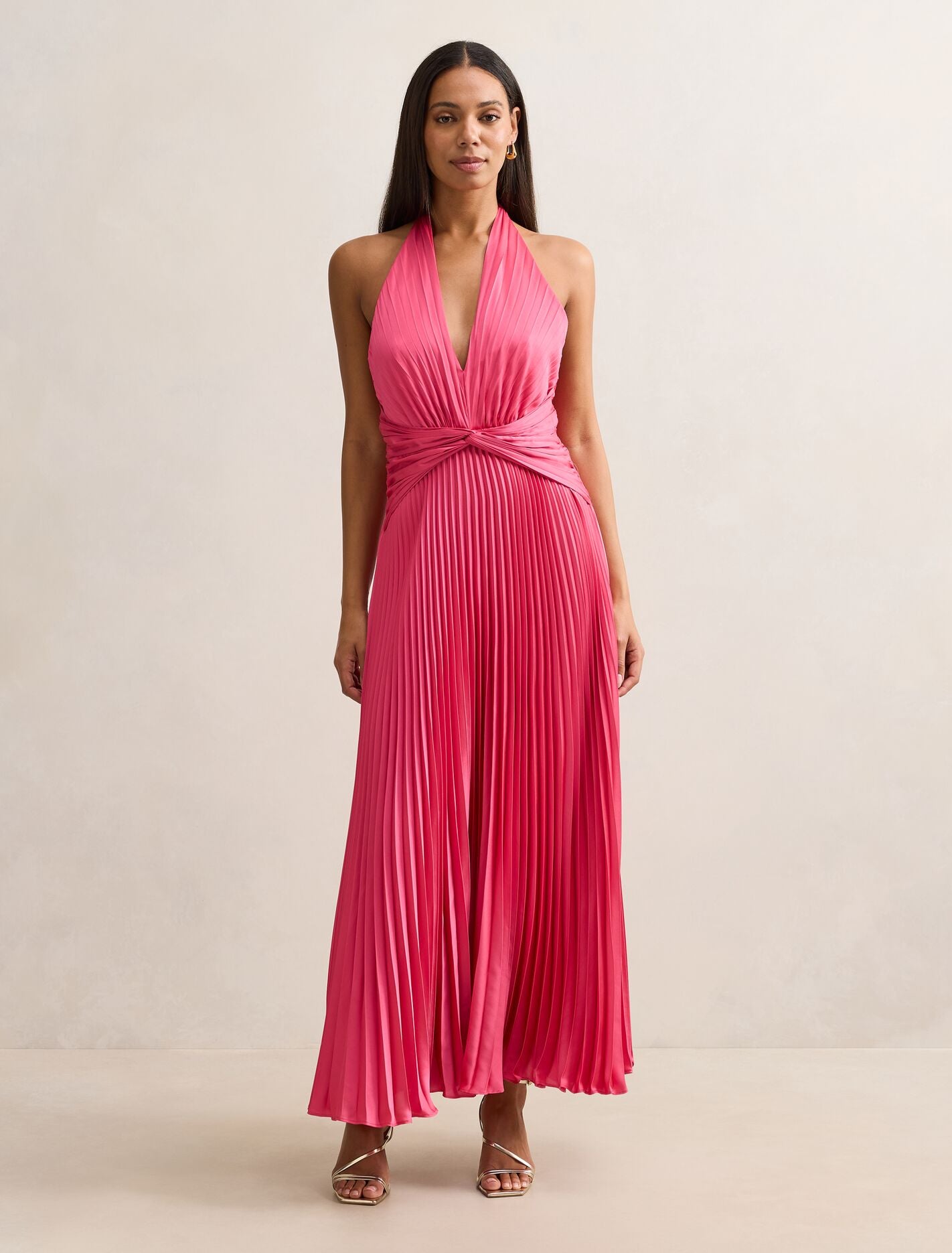 Natasha Pleated Satin Halter Maxi Dress Forever New