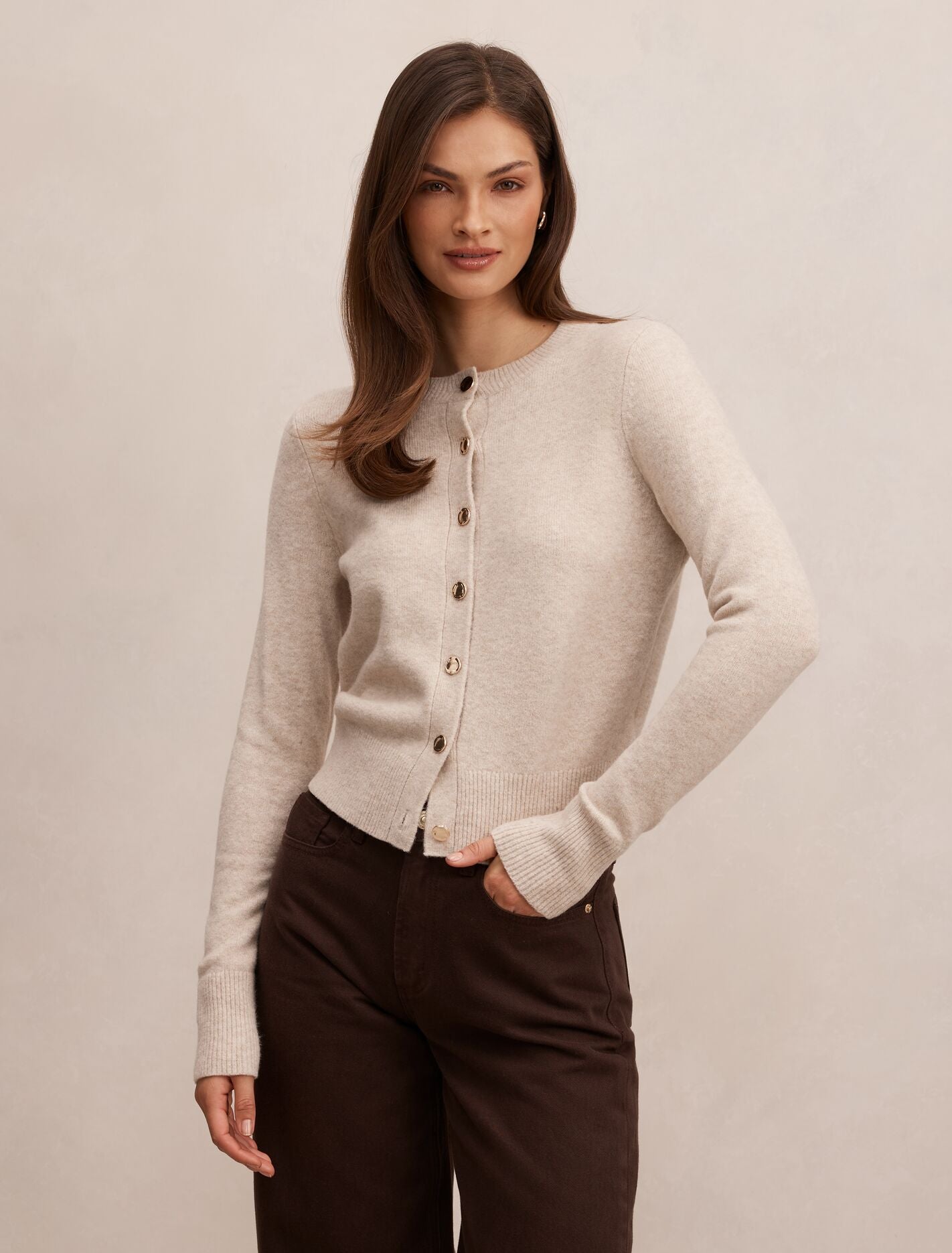 May Crew Neck Cardigan Oat Forever New