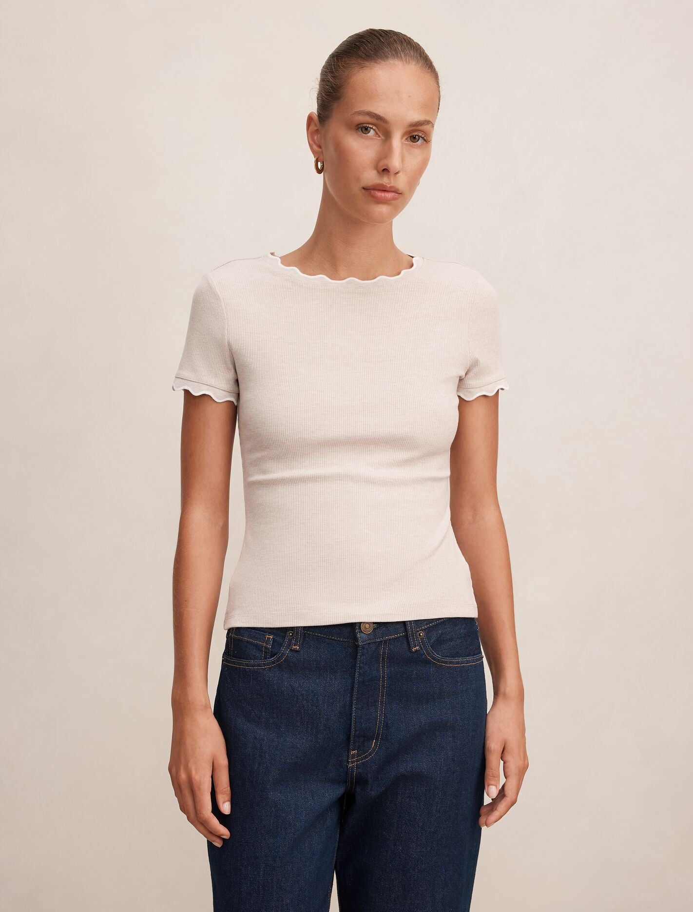 Rebecca Scallop Trim T-Shirt Camel Porcelain Forever New