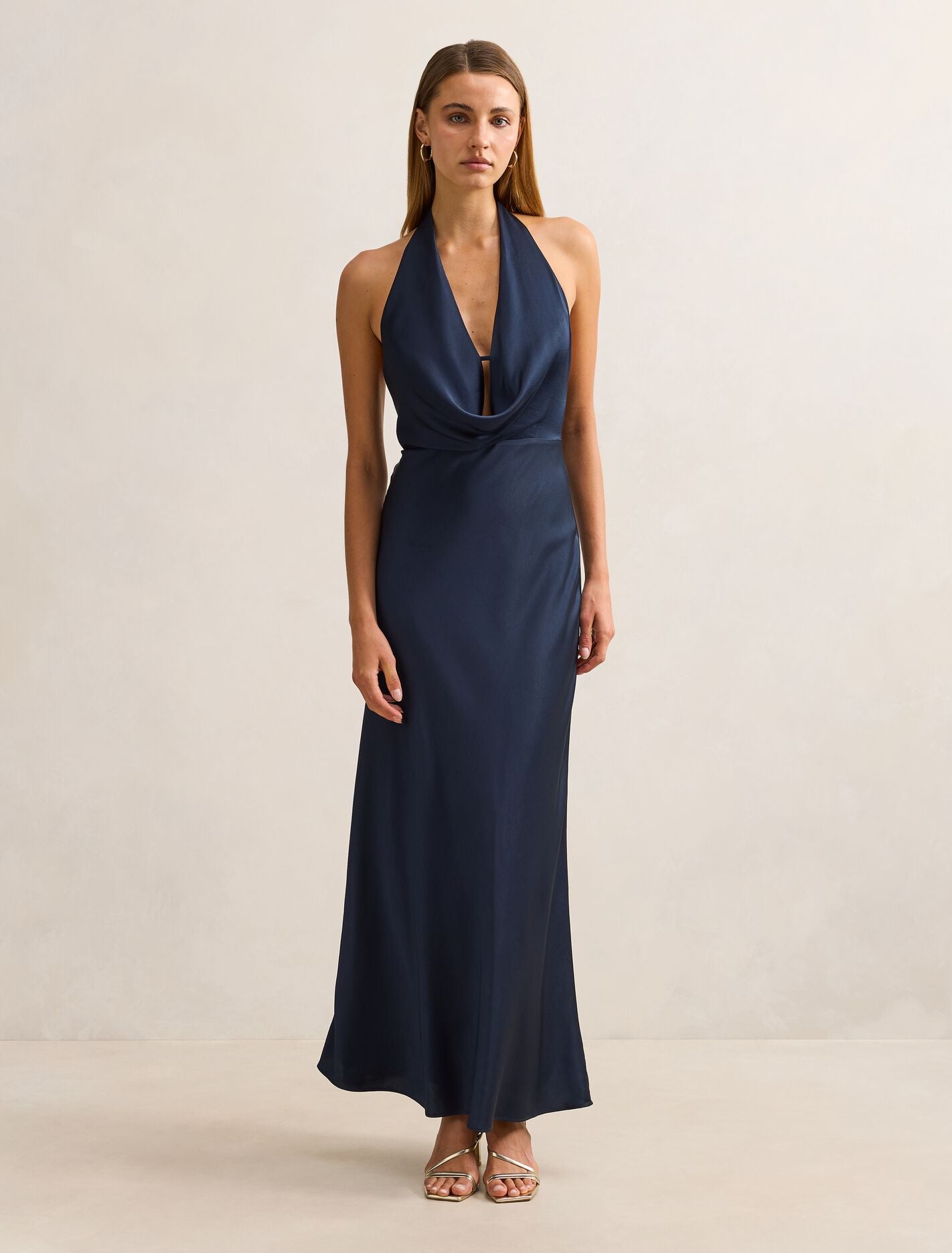 Becca Cowl Halter Satin Dress Navy Forever New