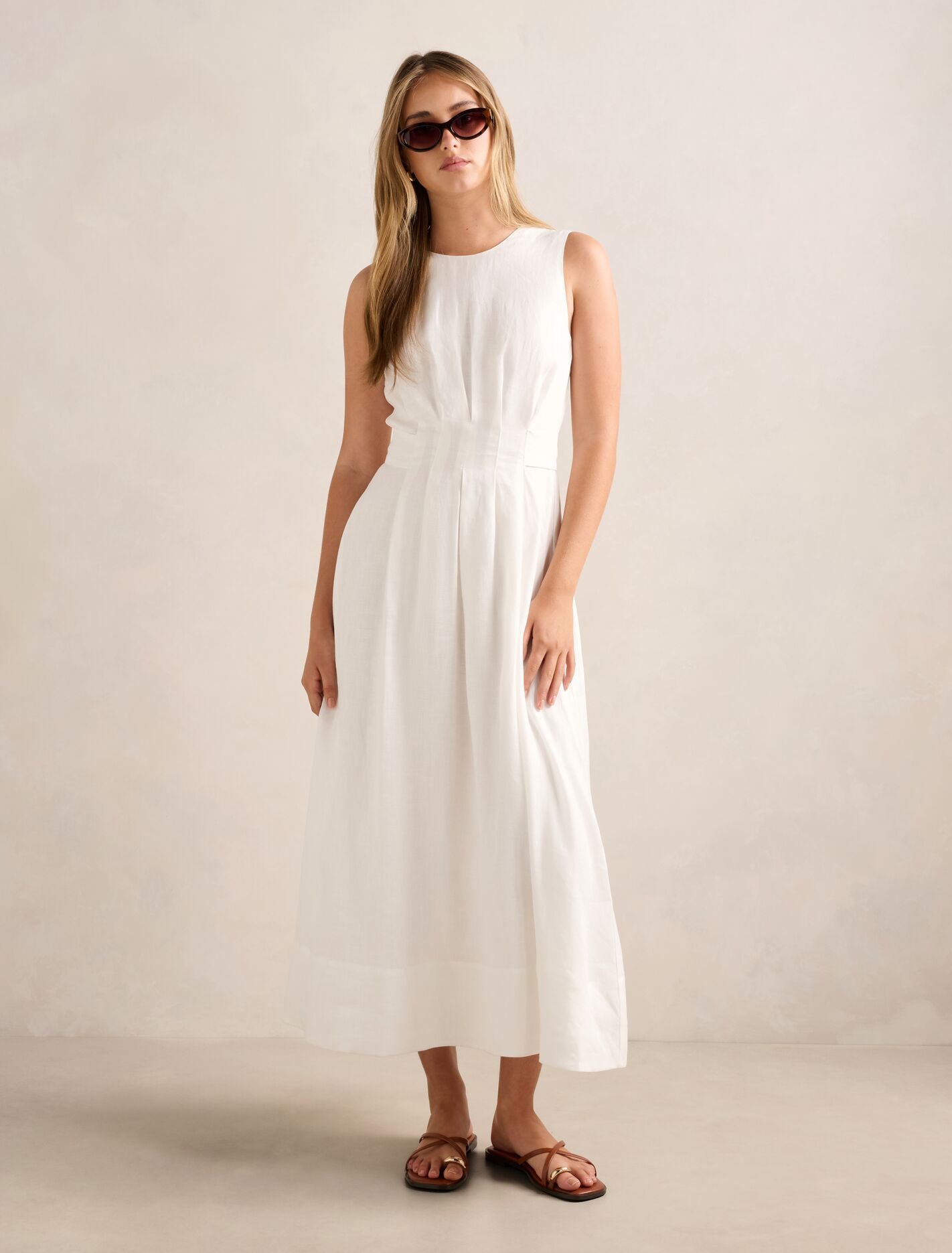 Rosie Linen Sleeveless Tuck Midi Dress Porcelain Forever New