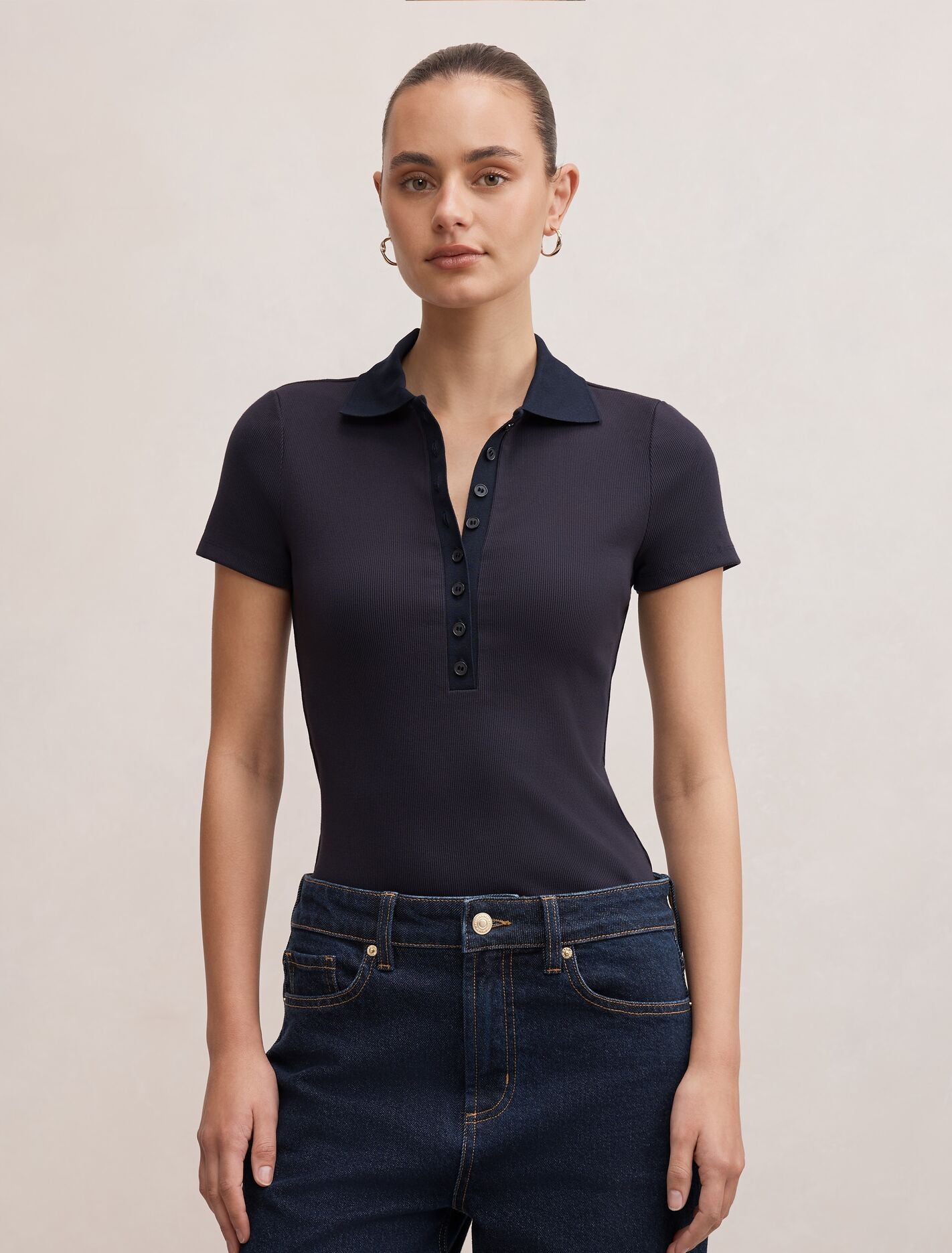 Aaliyah Ribbed Polo Top Navy Forever New