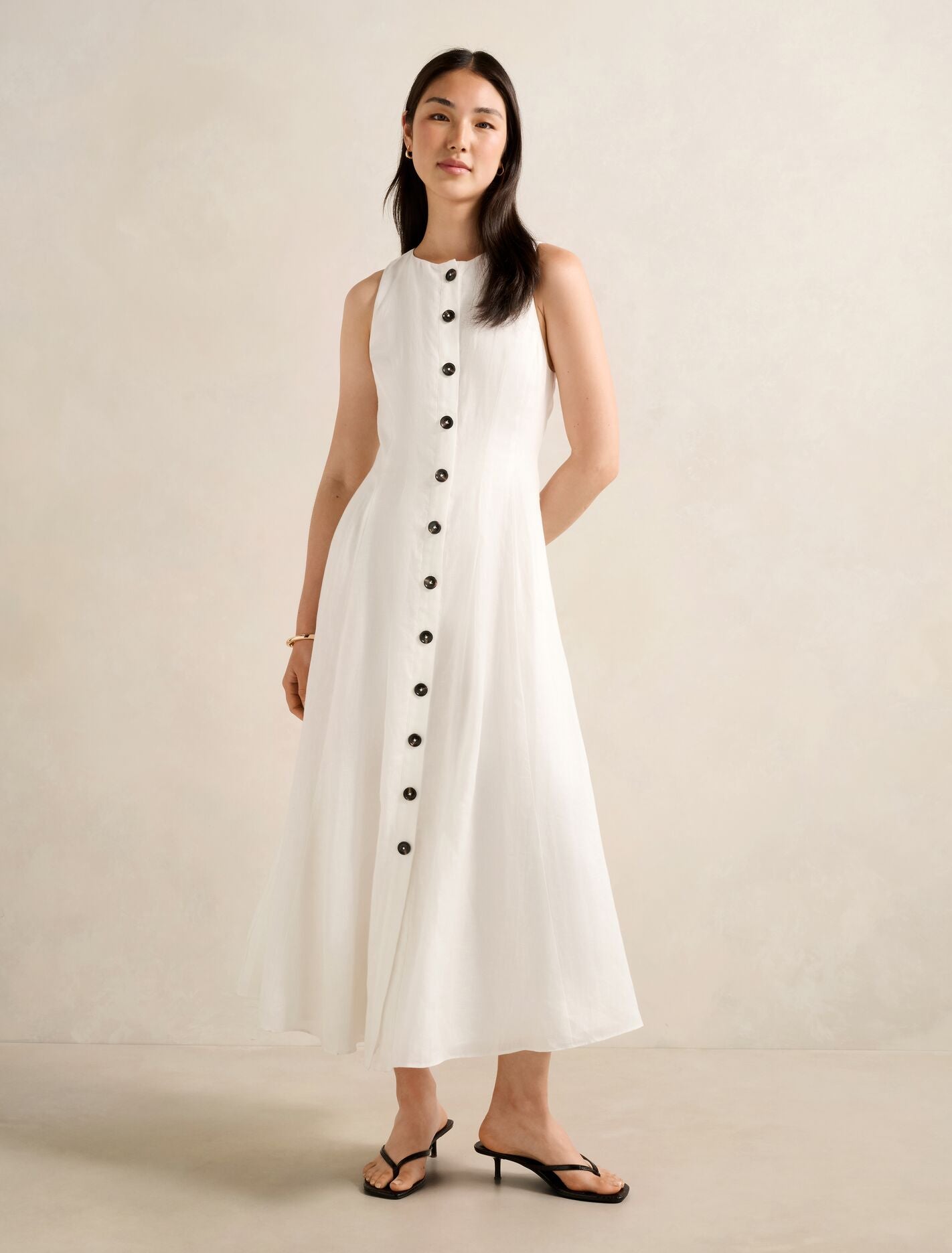 Pia Button Front Linen Midi Dress