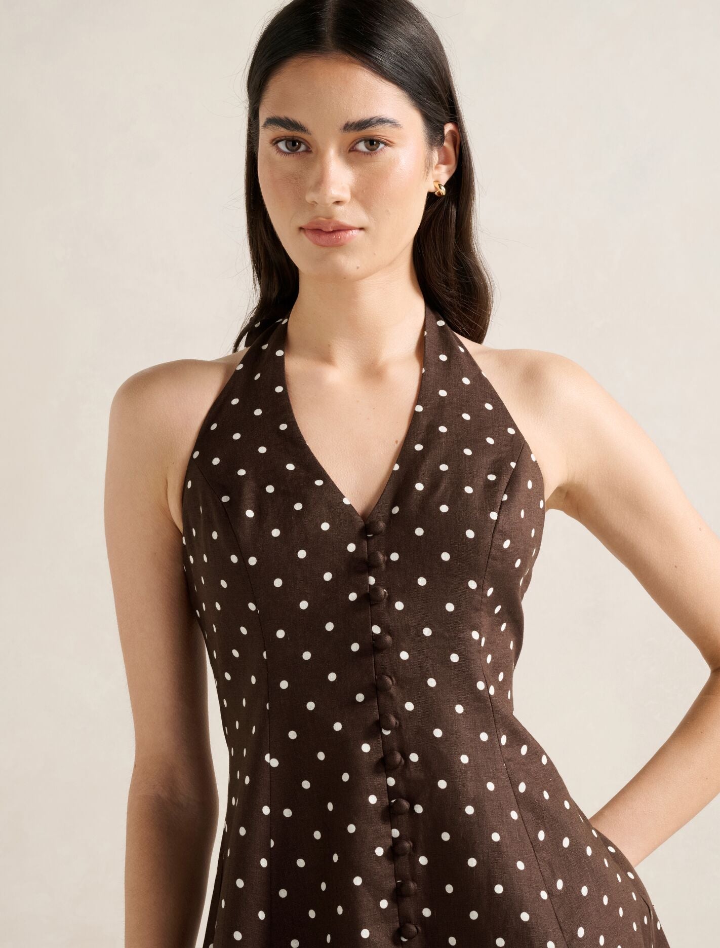 Ina Button Front Halter Linen Mini Dress Forever New