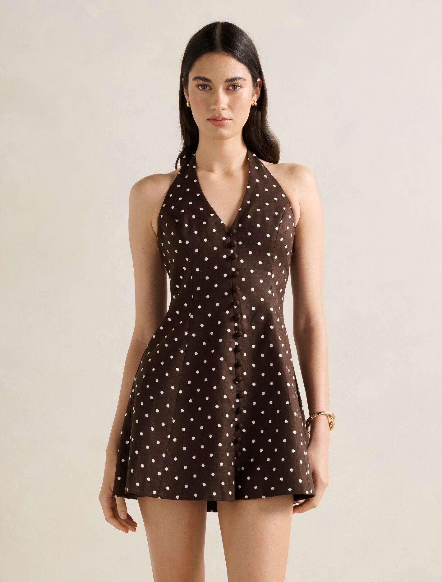 Ina Button Front Halter Linen Mini Dress Choc Kinsey Spot Forever New