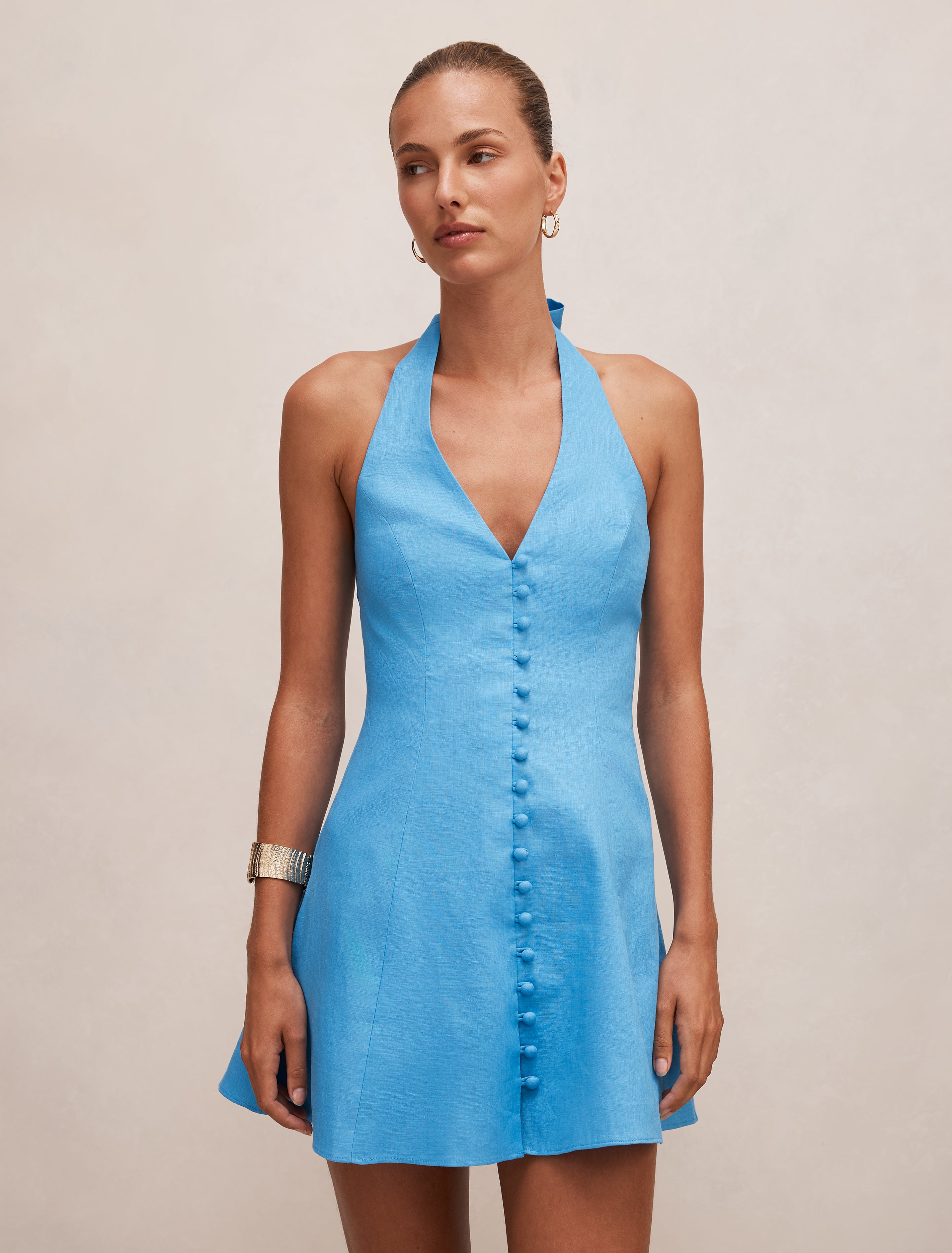 Ina Button Front Halter Mini Dress