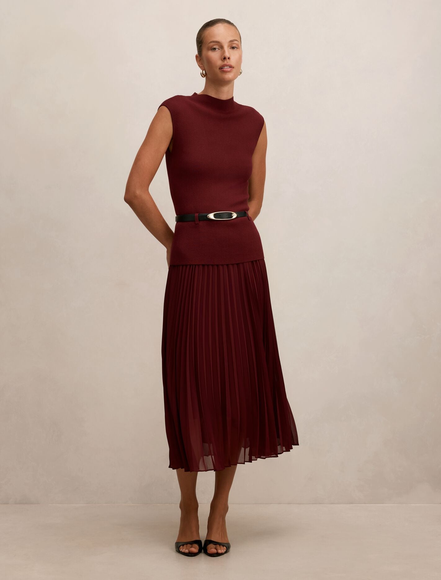 Lorelei Woven Mixed Midi Dress Burgundy Rose B Forever New