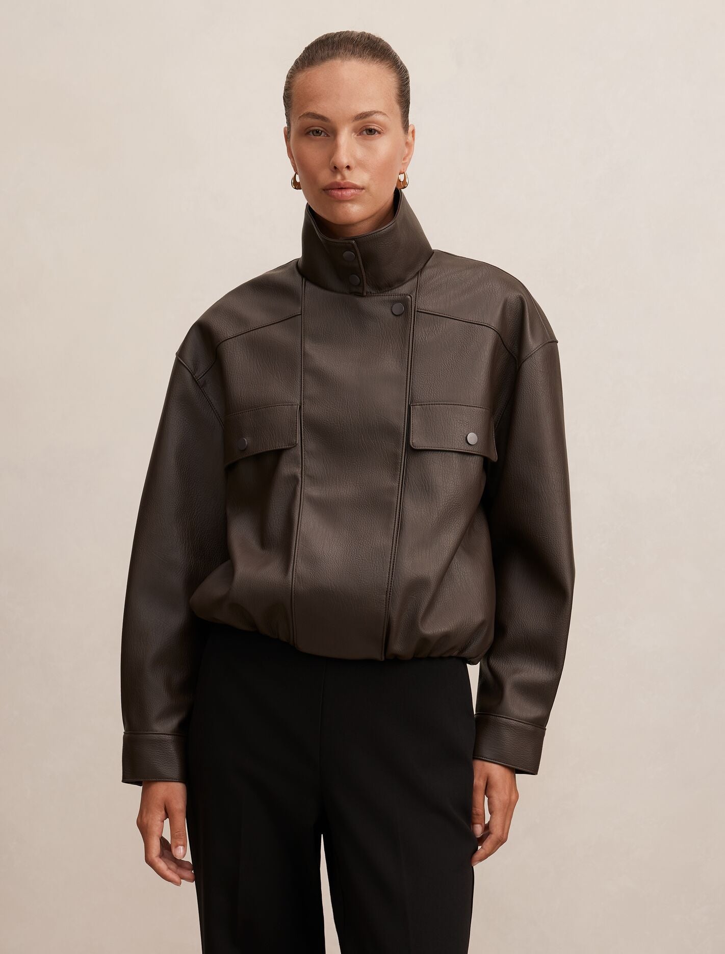 Angela Oversized Pu Bomber Jacket Chocolate Forever New