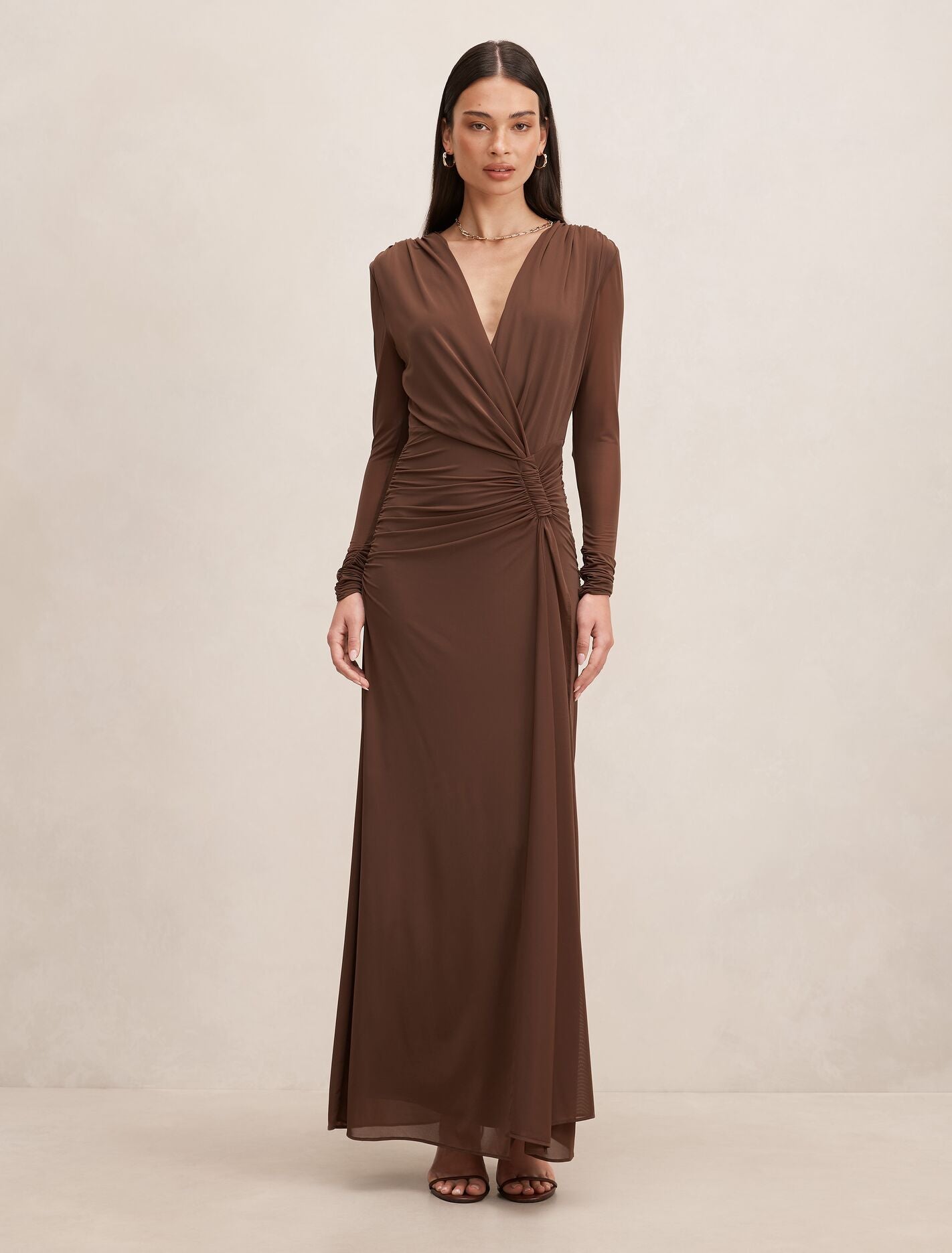 Amara Draped Mesh Maxi Dress Chocolate Forever New