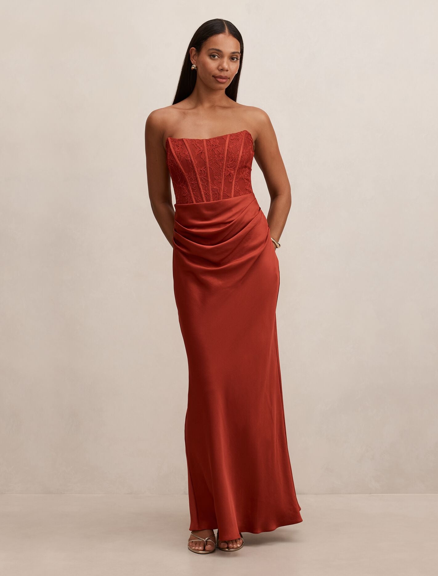 Ivy Lace Corset Drape Maxi Dress Rust Forever New