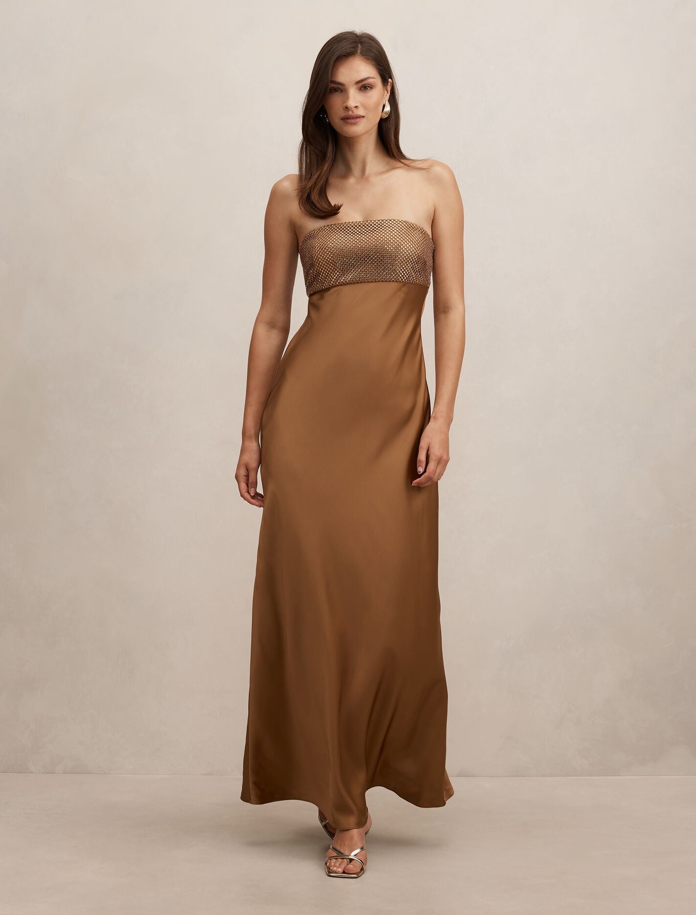 Amina Embellished Satin Maxi Dress Golden Brown Forever New