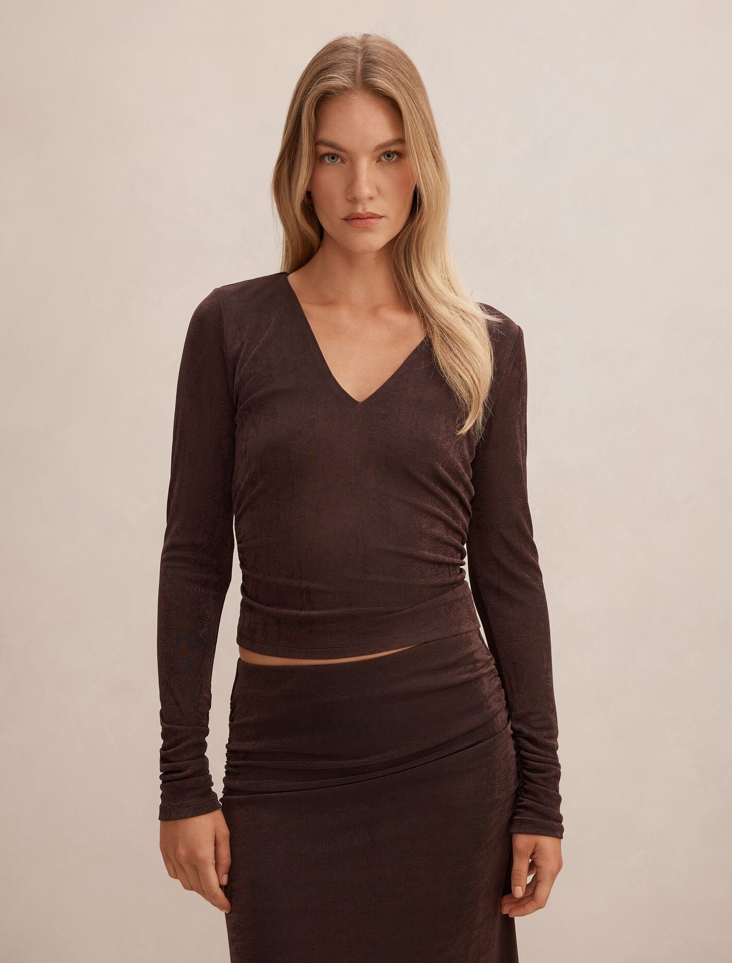 Arabella V Neck Ruched Top Chocolate Co-Ord Forever New