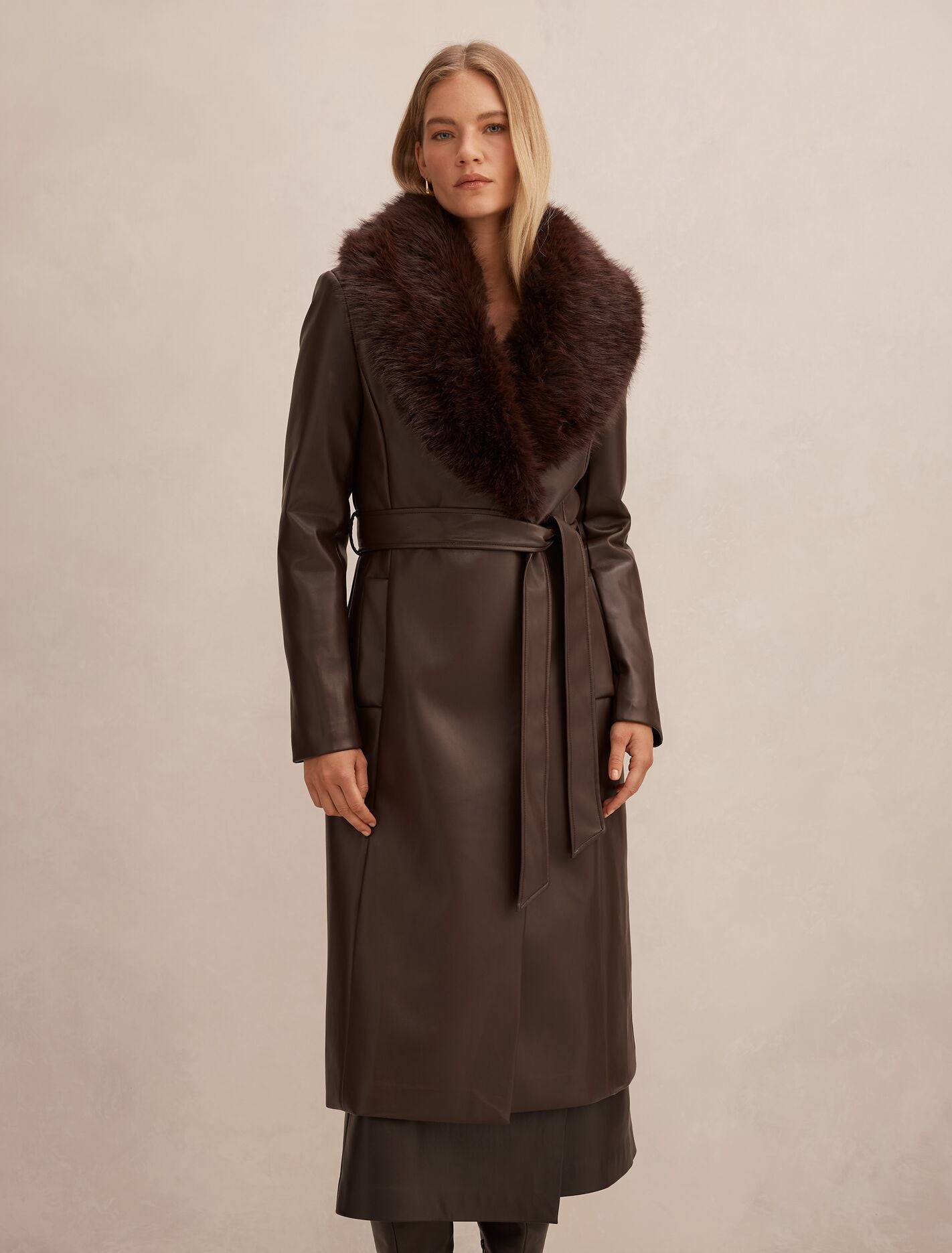 Faith Faux Fur Collar Pu Trench Coat Milk Chocolate Forever New