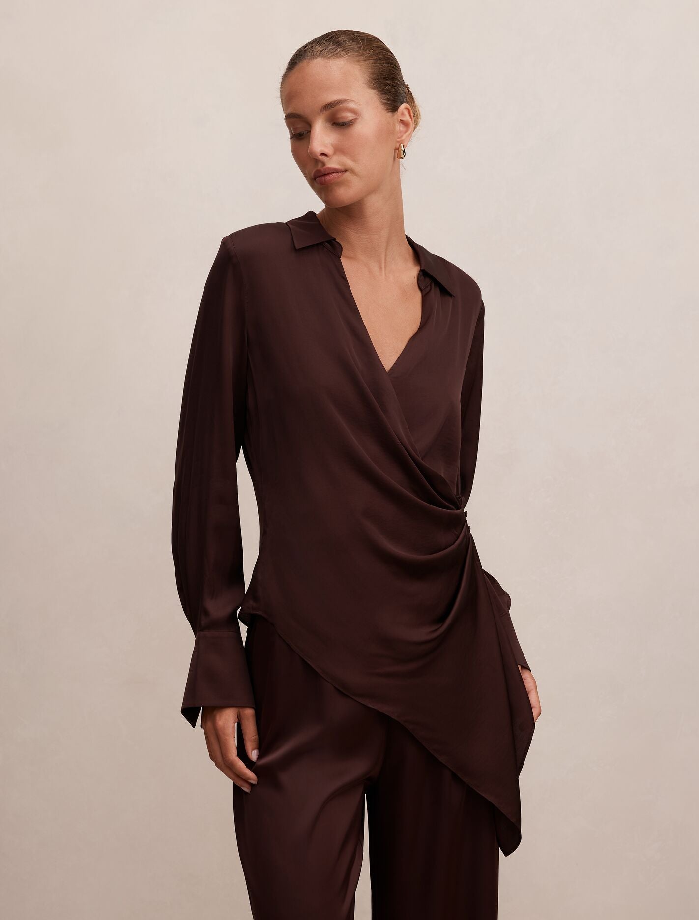 Maude Asymmetrical Drape Shirt Chestnut Brown Forever New