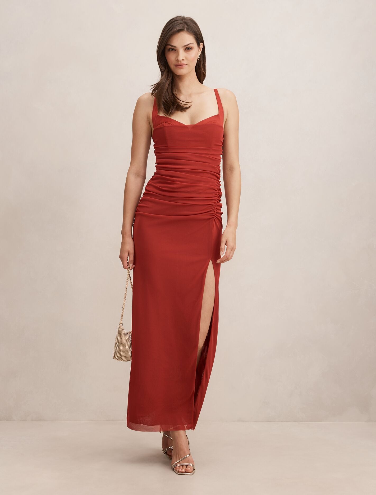 Evie Ruched Mesh Bodycon Dress Brick Red Forever New