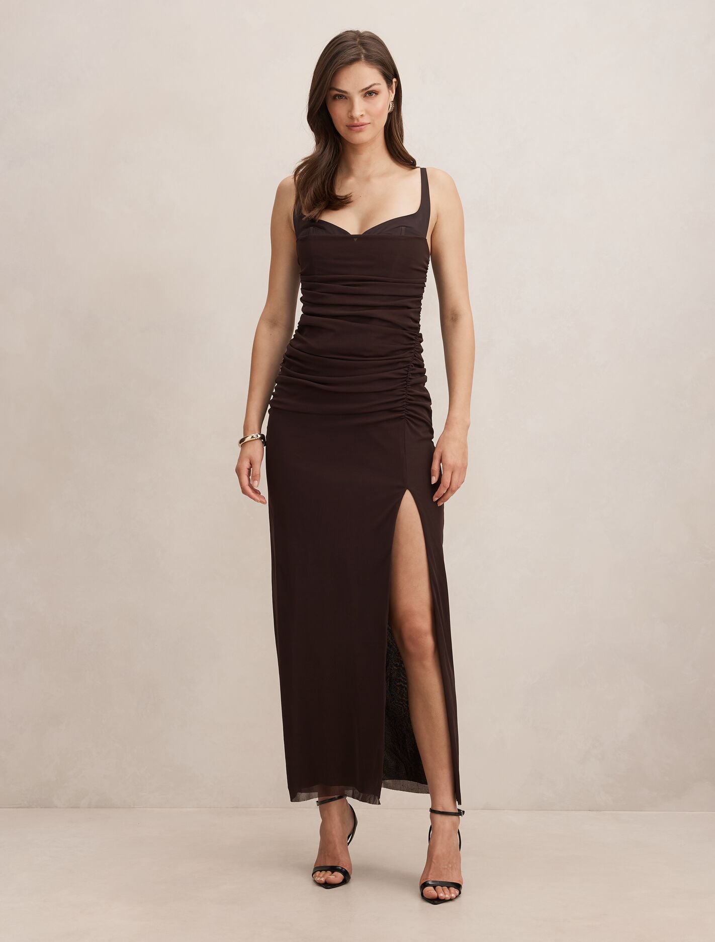 Evie Ruched Mesh Bodycon Dress Dark Chocolate Forever New