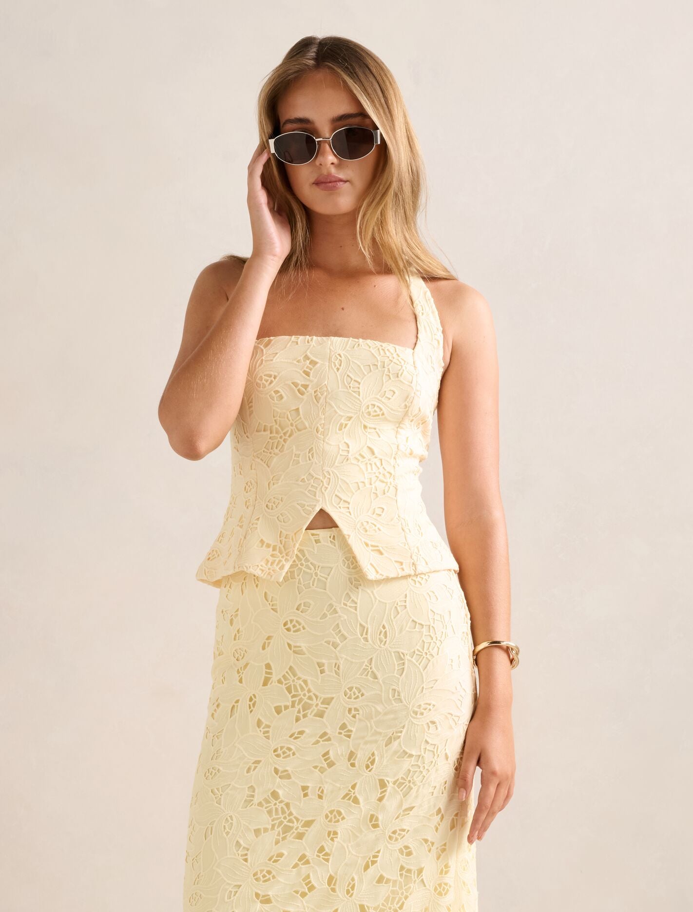 Sally Lace Halter Top Soft Yellow Co-ord Forever New