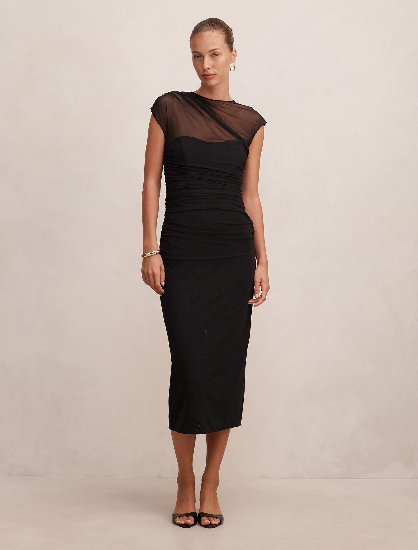 Eadie Sheer Cap Sleeve Midi Dress Black Forever New