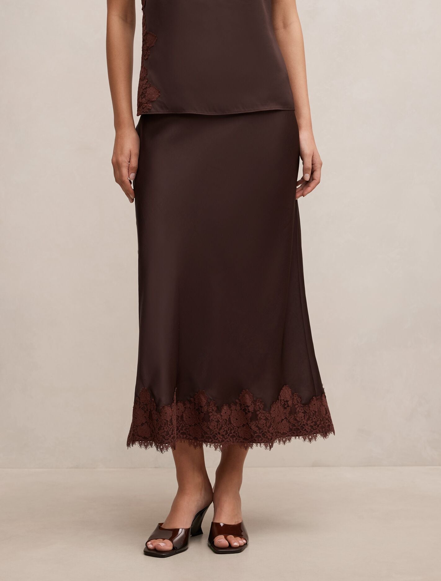 Adele Lace Trim Midi Skirt Bitter Choc Co-ord Forever New