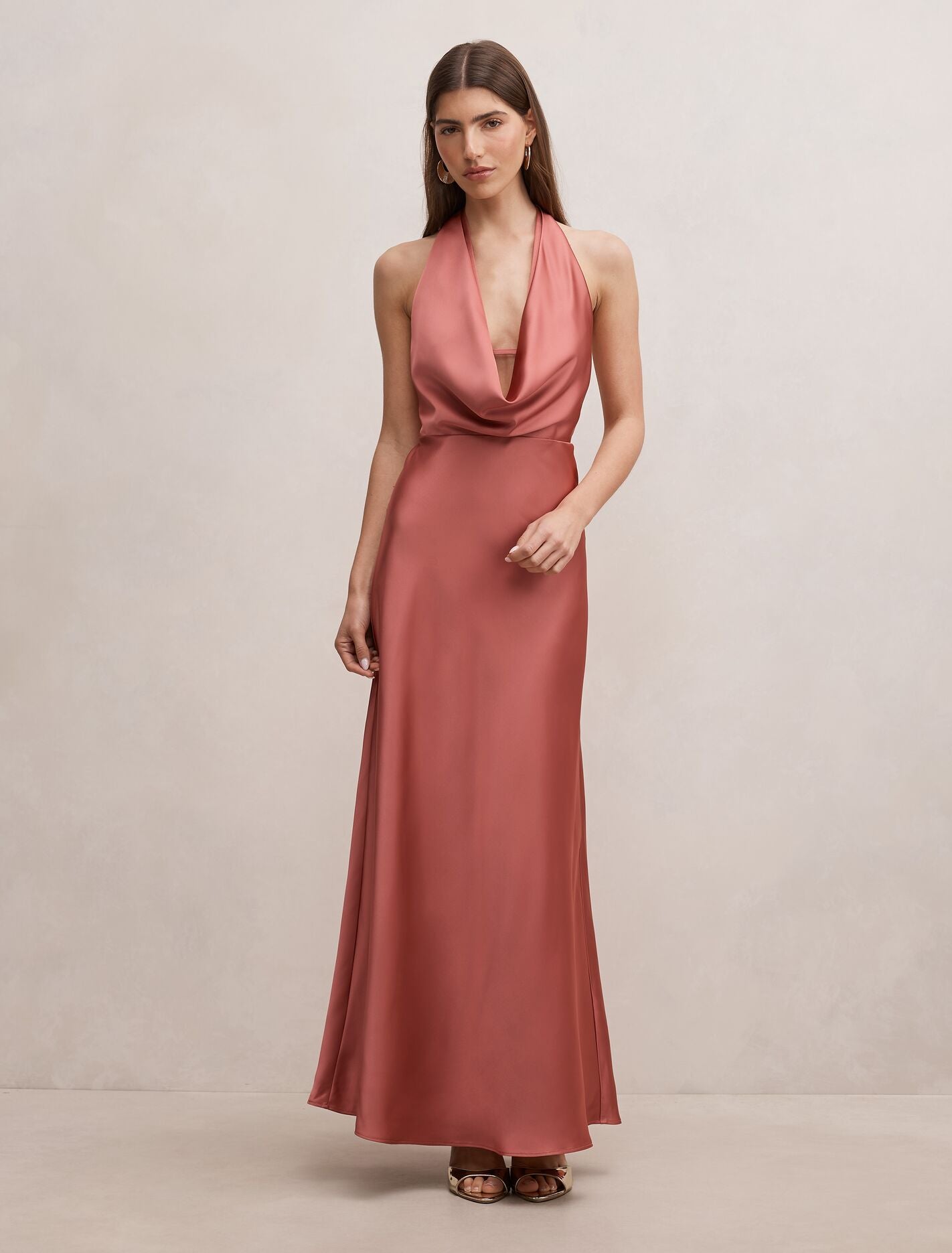 Becca Cowl Halter Satin Dress Rose Rust Forever New