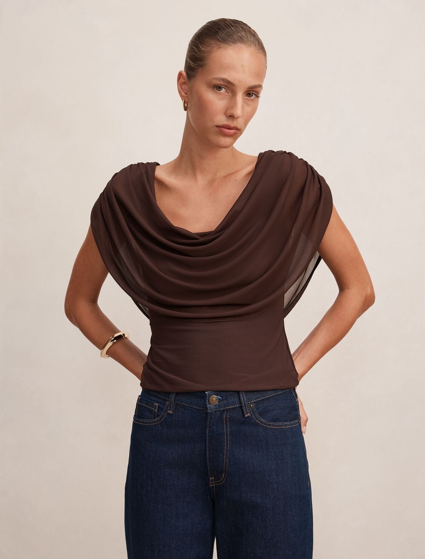 Olivia Draped Mesh Cape Top