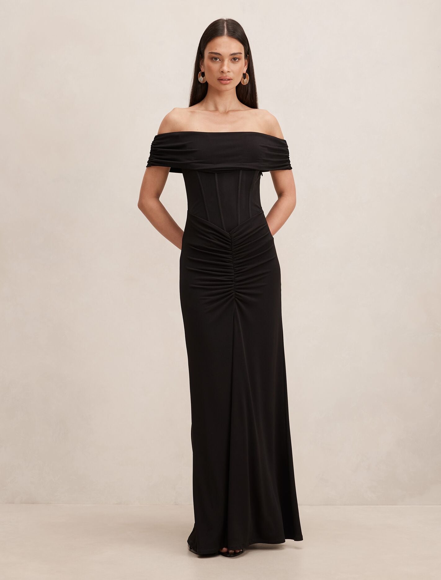 Ania Ruched Bardot Maxi Dress Black Forever New