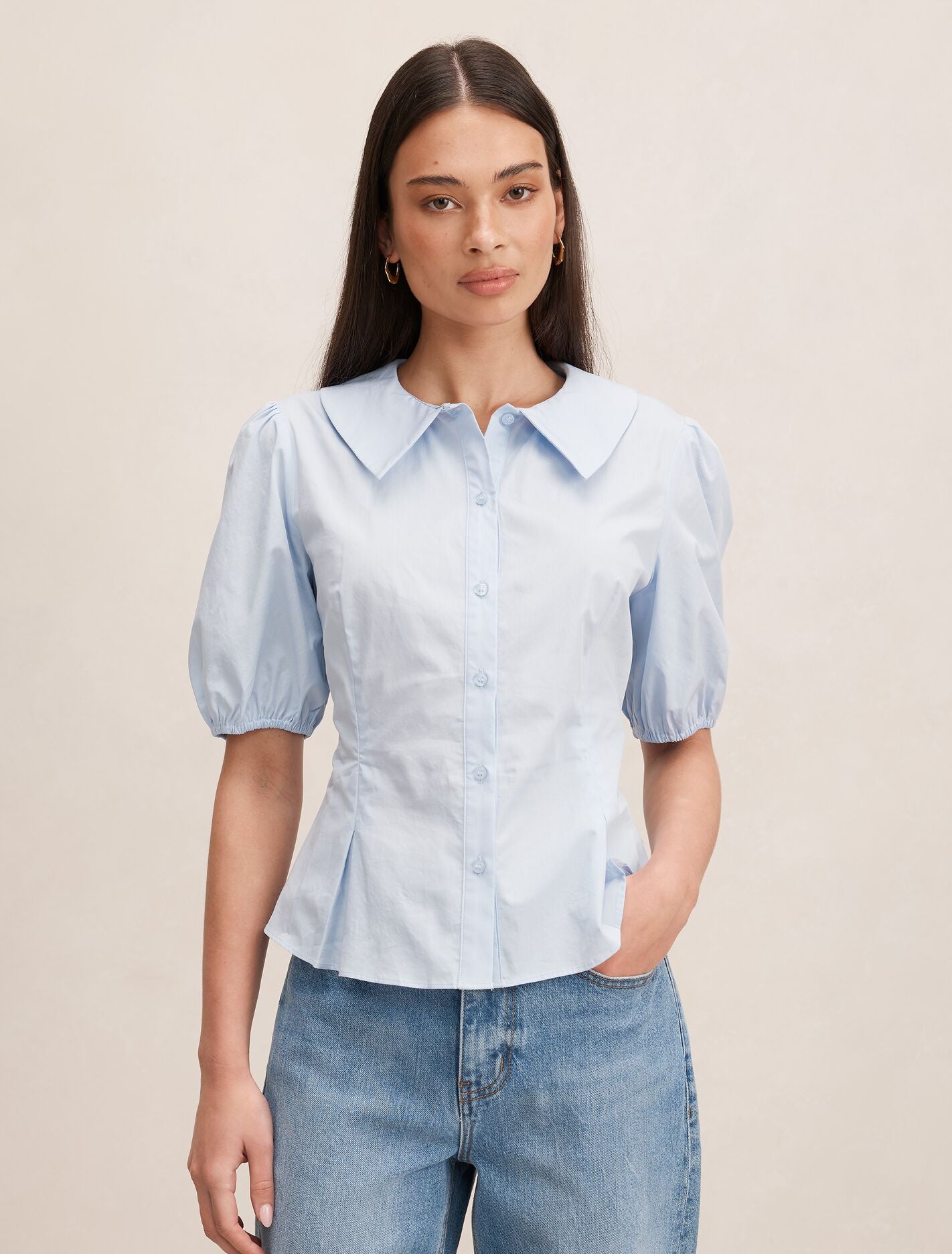 Gracie Bubble Sleeve Shirt Soft Blue Forever New