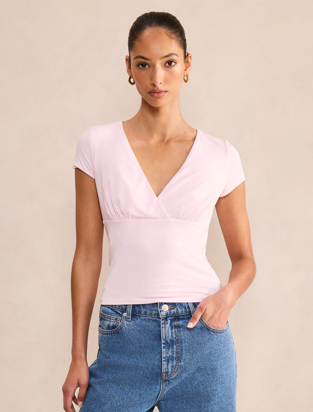 Harri Short Sleeve V-Neck Top Soft Pink Forever New