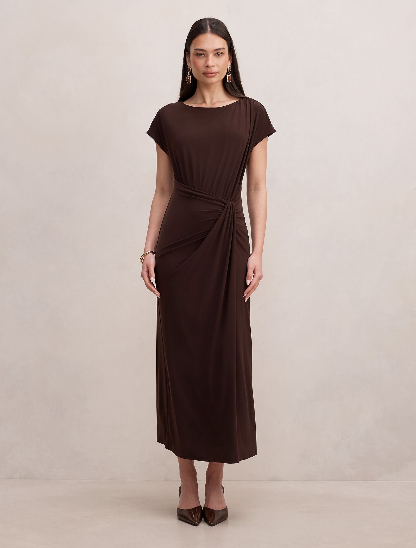 Lacie Draped Jersey Midi Dress Chocolate Forever New