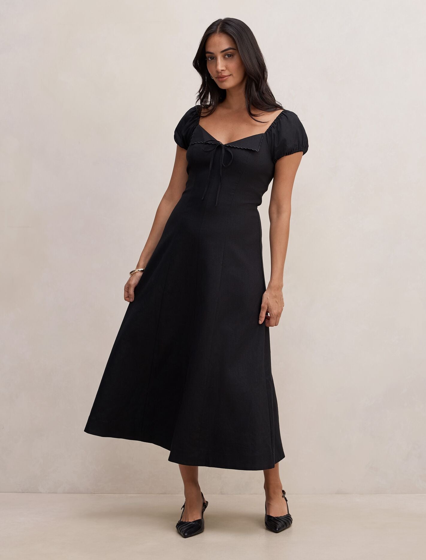 Portia Folded Collar Linen Midi Dress Black Forever New
