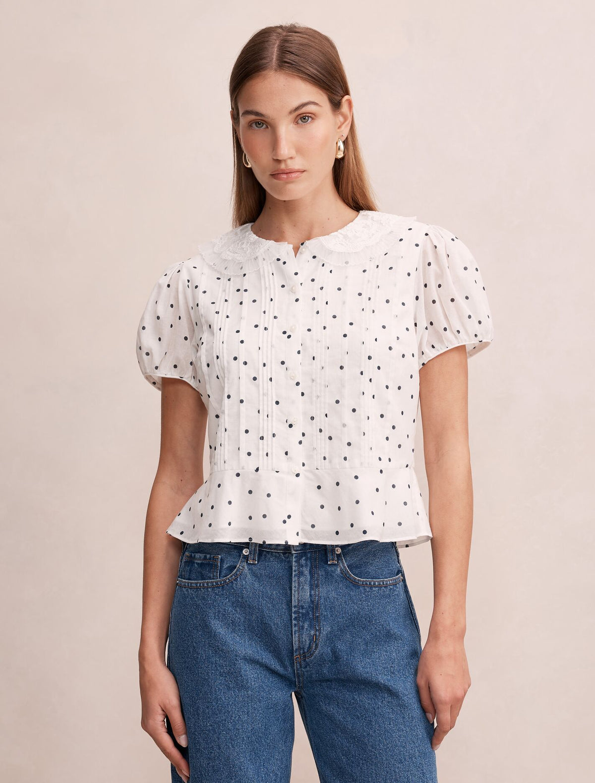 Cece Peplum Blouse Navy Findon Spot Forever New