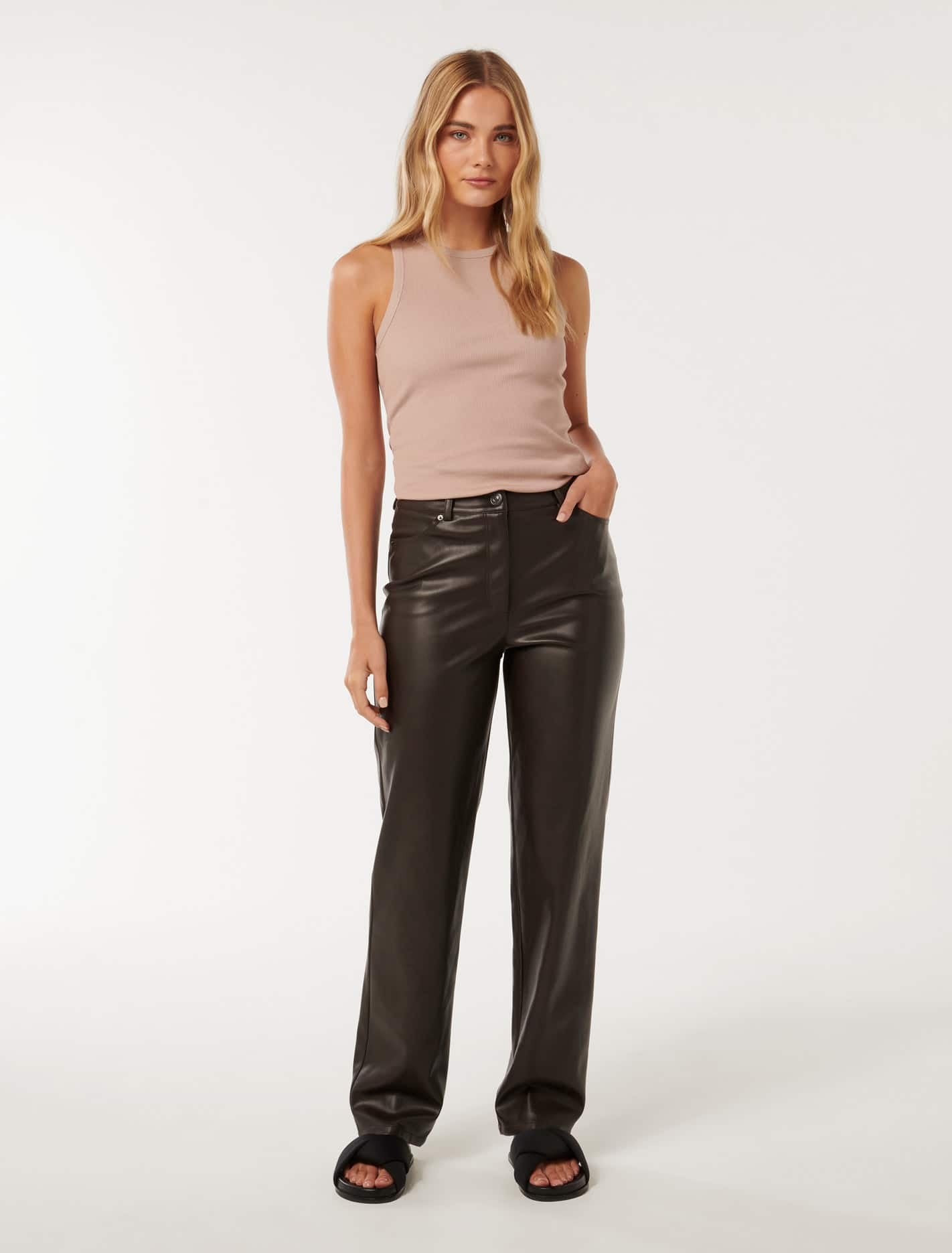 Una Vegan Leather Straight Leg Pants Forever New