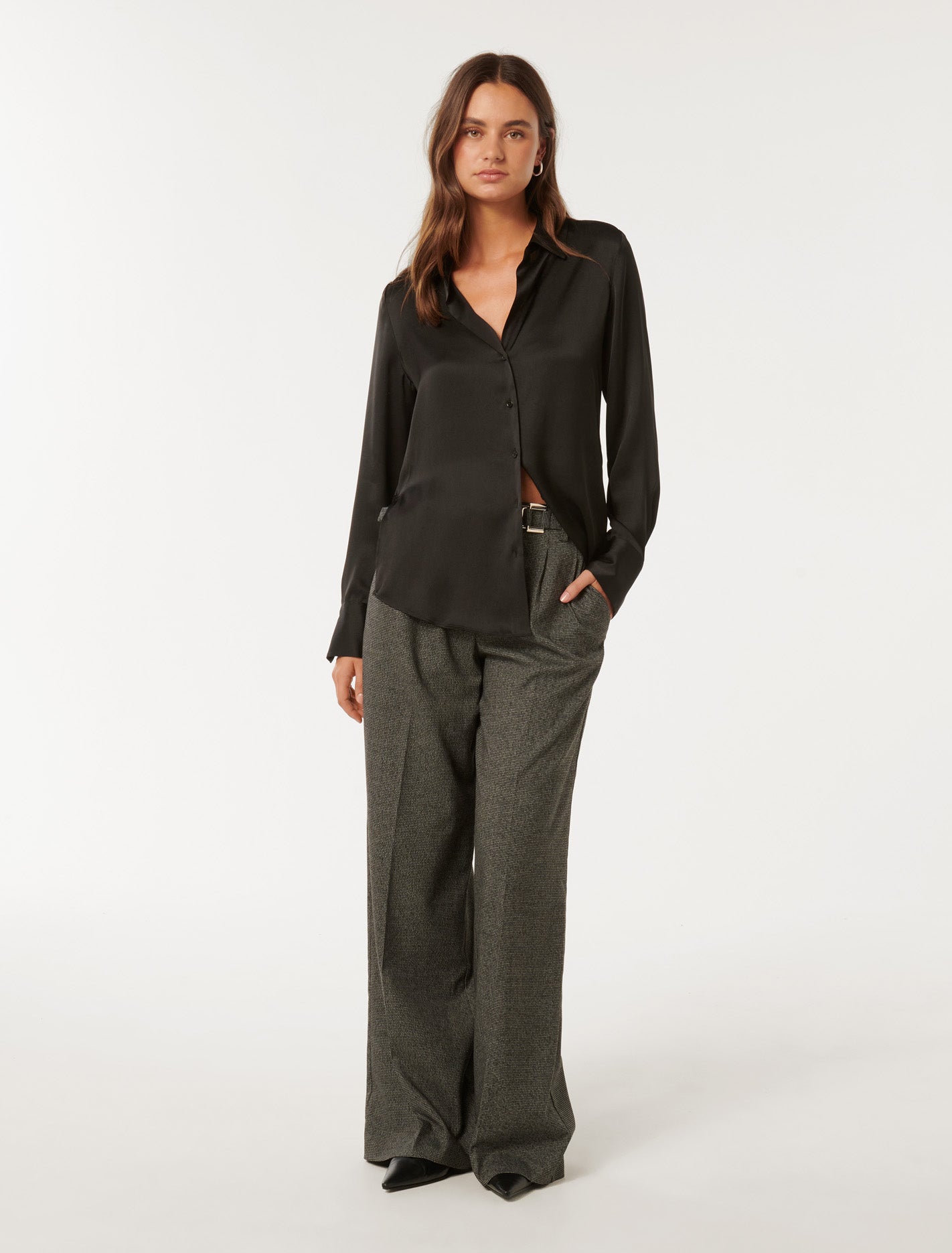Harvey Notched Neck Satin Shirt Forever New