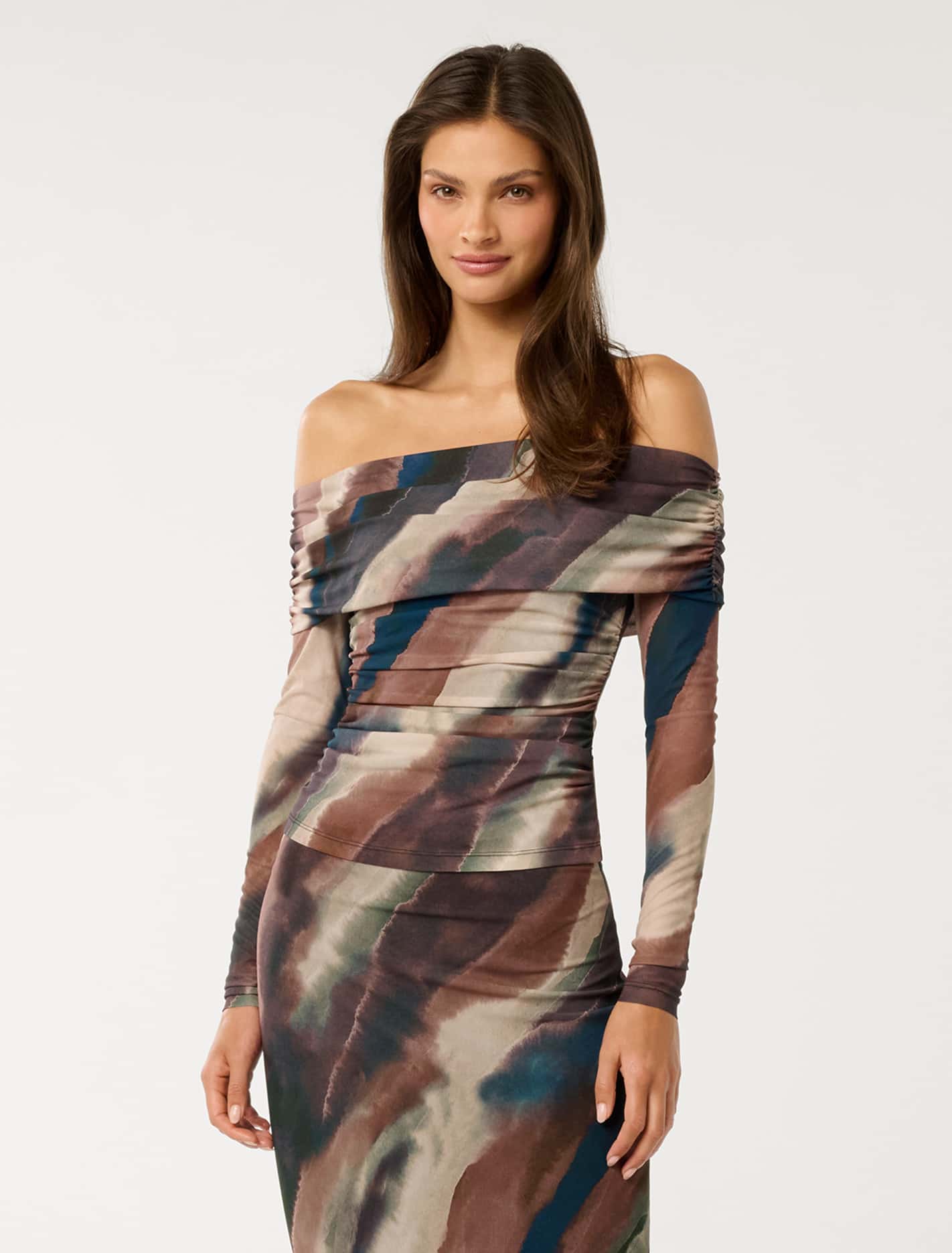 Kaia Ruched Mesh Bardot Top Maren Abstract Co-ord Forever New