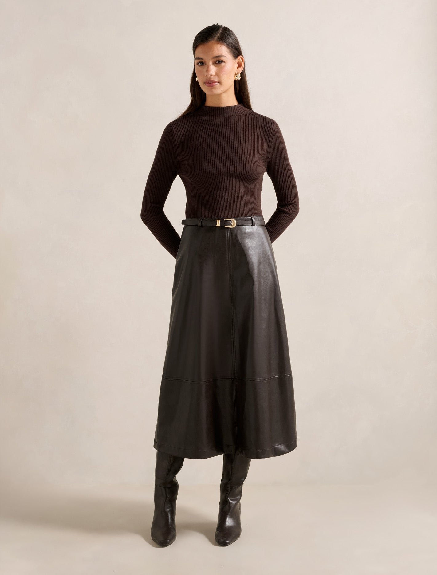 Brooklyn PU A Line Midi Dress Shadow Brown Forever New