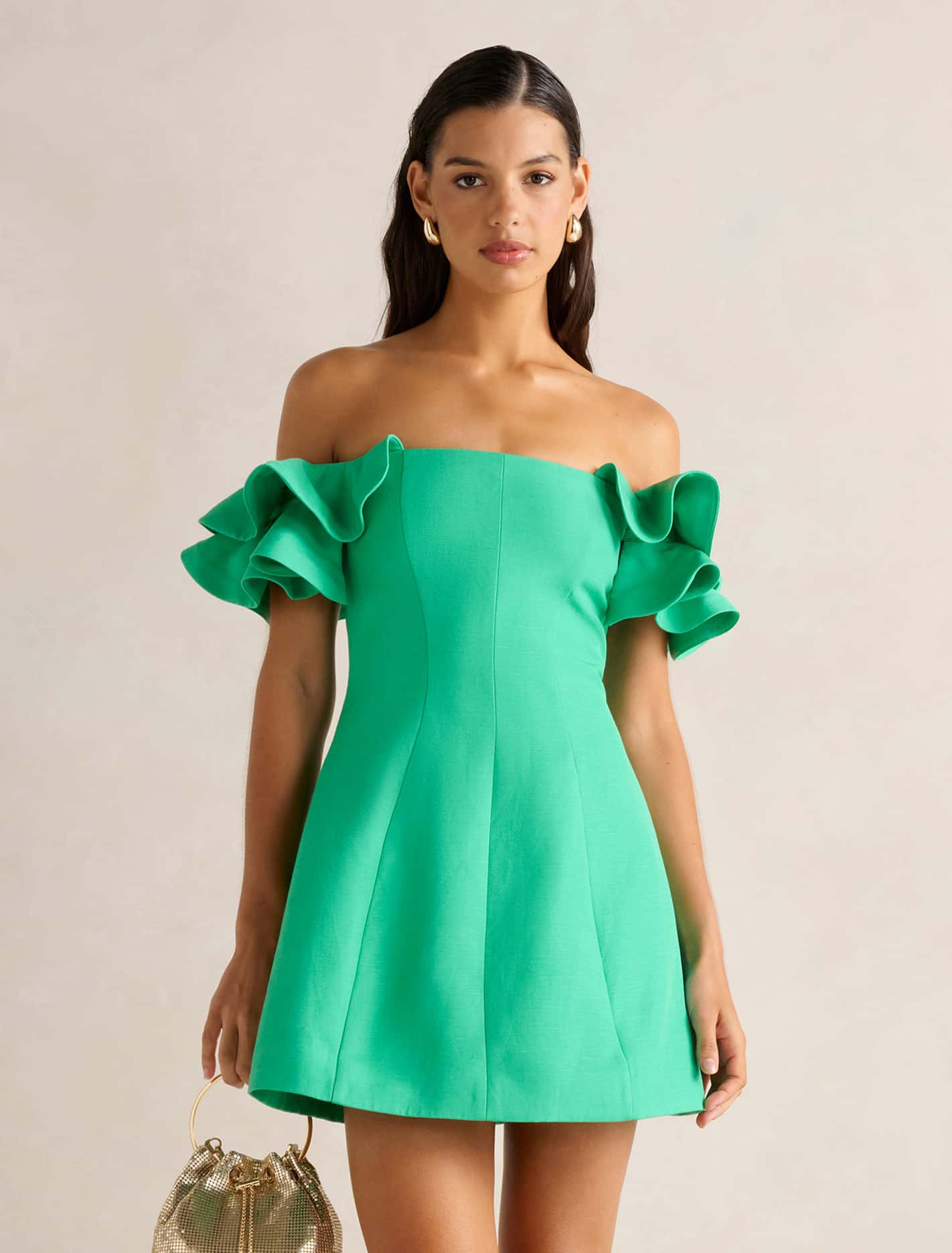 Kenzie Off Shoulder Ruffle Mini Dress Holly Green Forever New