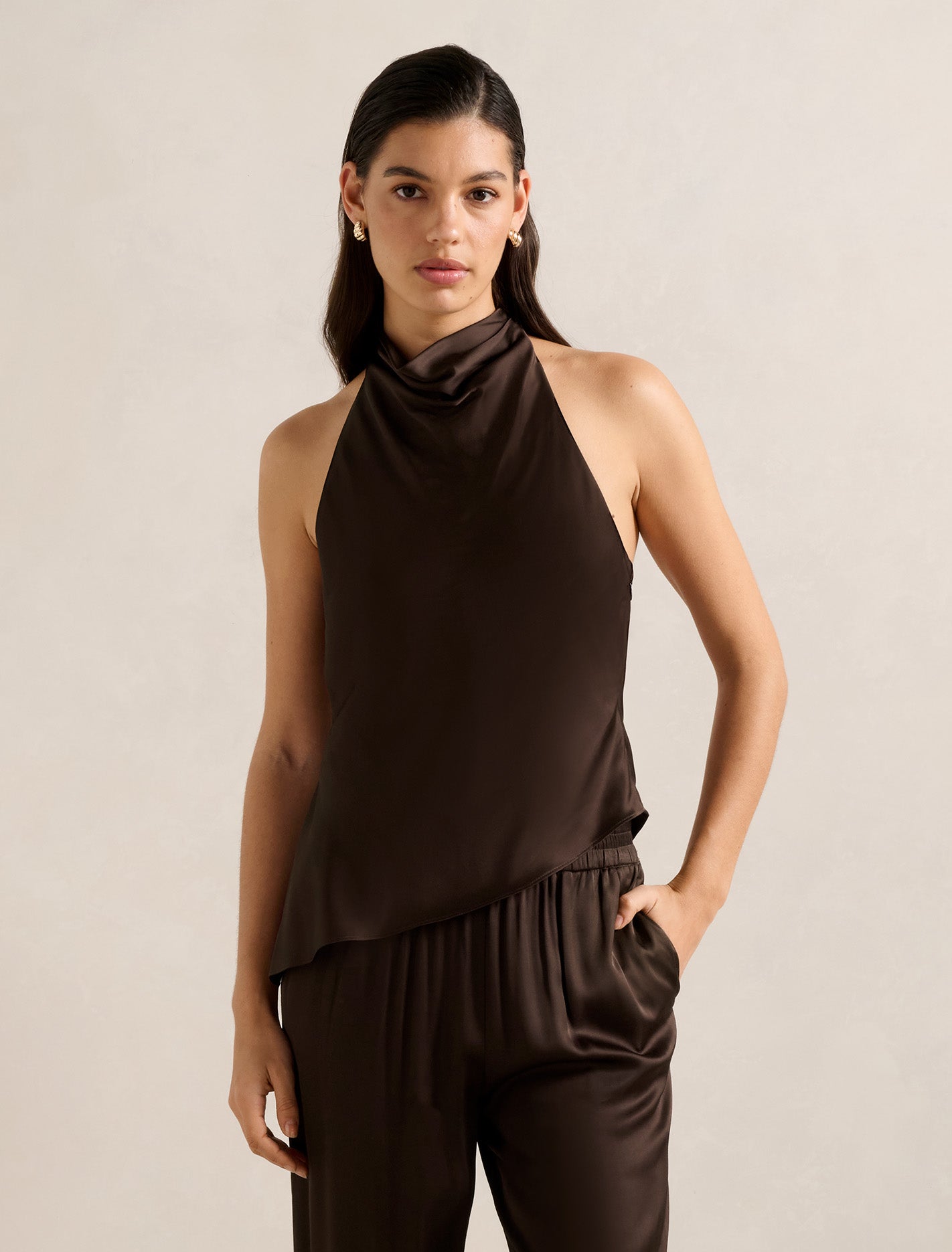 Skyler Halter Satin Top Chocolate Co-ord Forever New