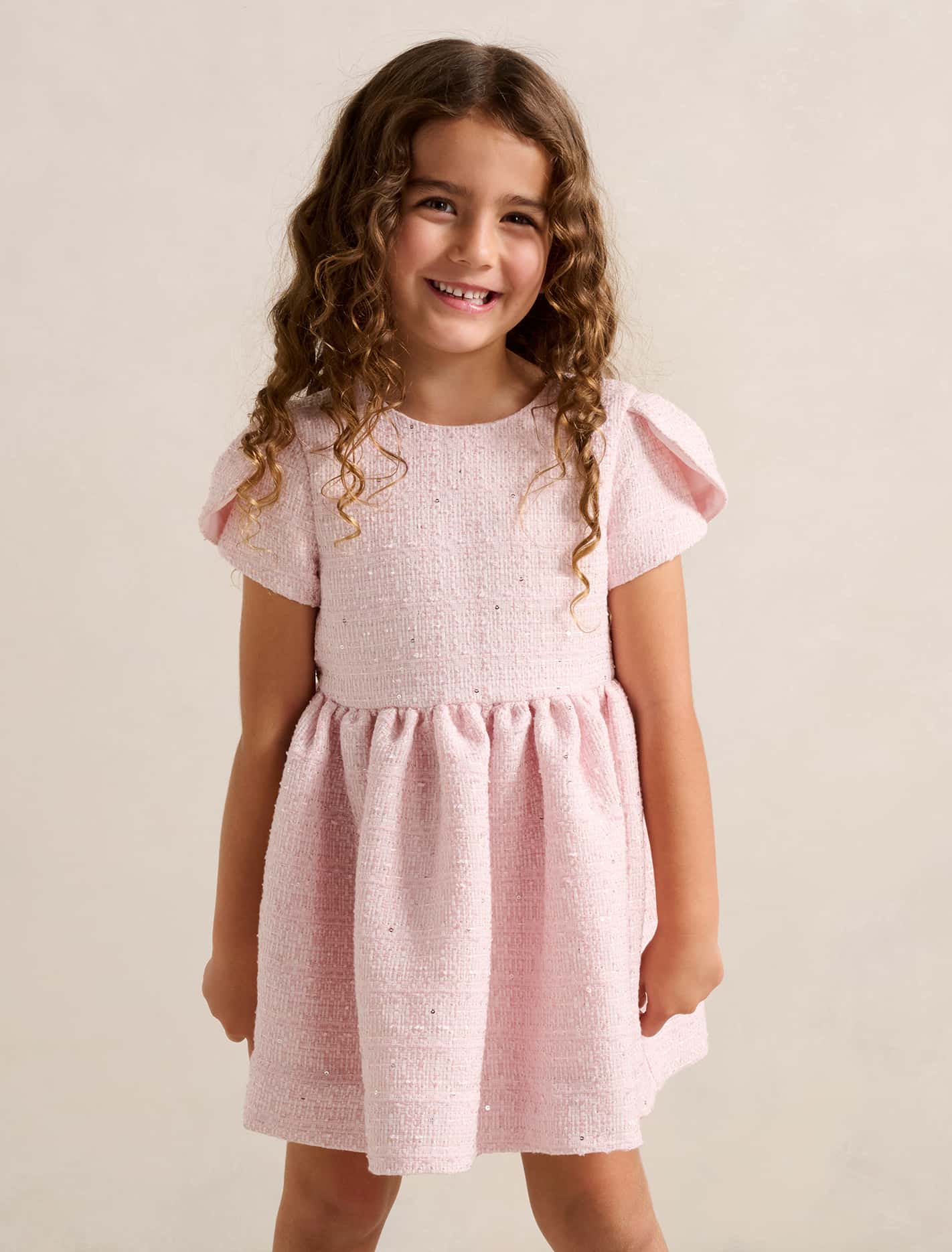 Lowri Girls Tulip Sleeve Tweed Dress Pink Tweed Forever New
