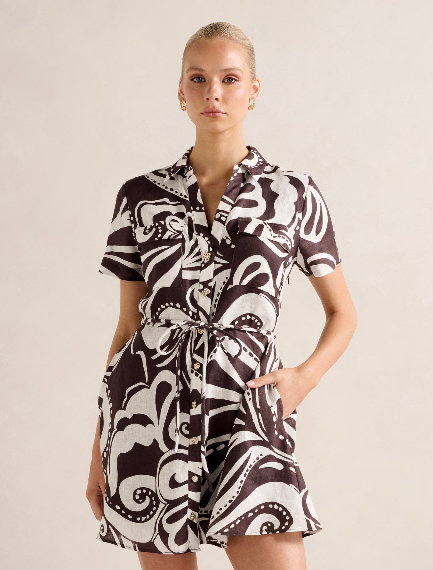 Grace Linen Shirt Mini Dress Collett Abstract Forever New