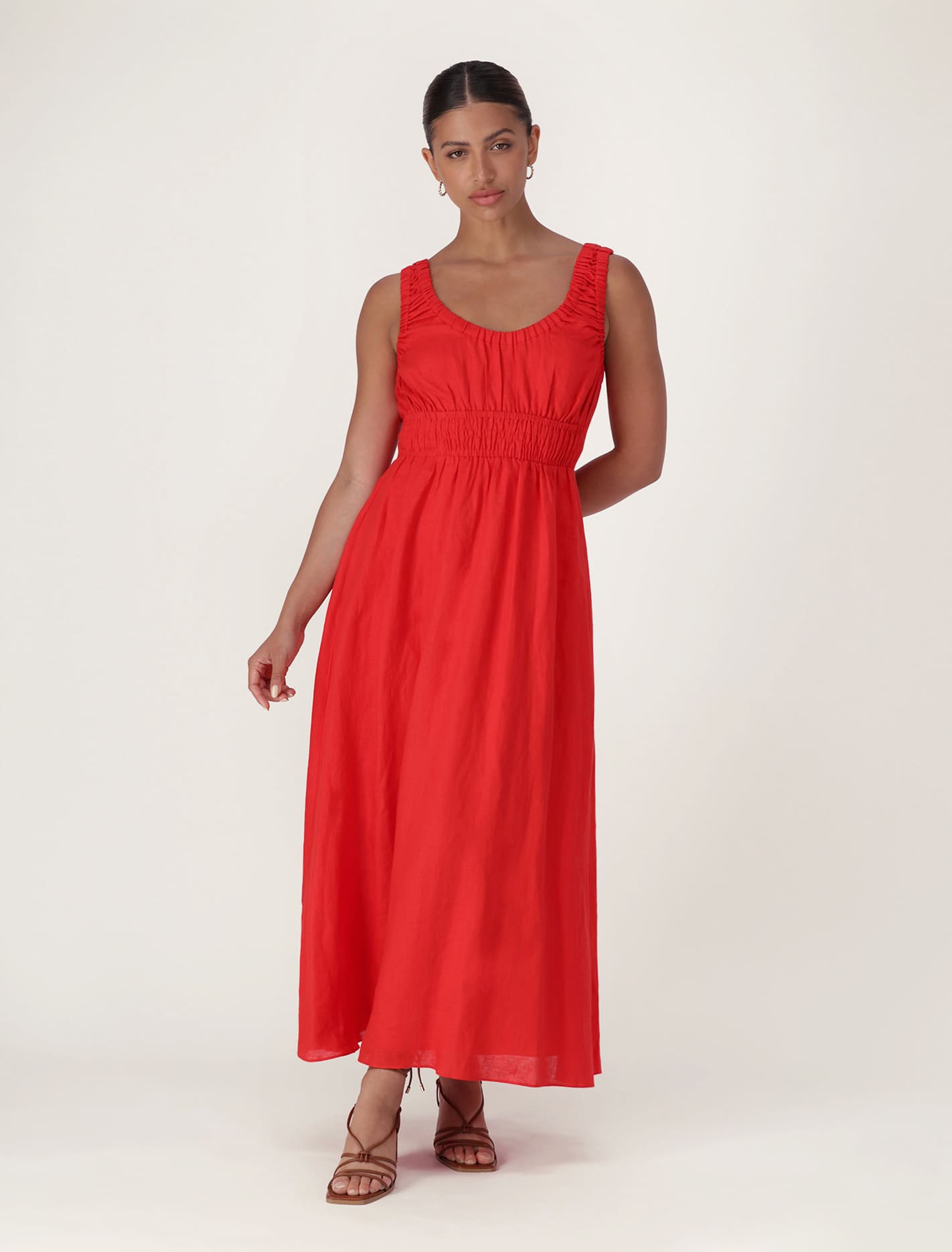 April Gathered Linen Midi Dress Forever New
