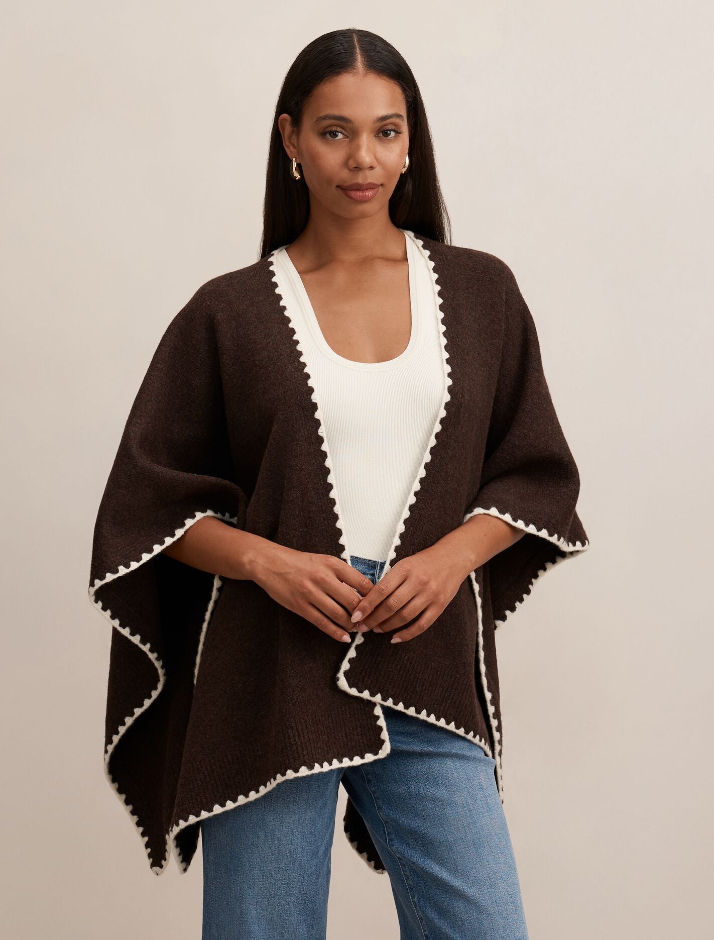Sara Stitch Detail Cape 0 Chocolate Ivory Forever New
