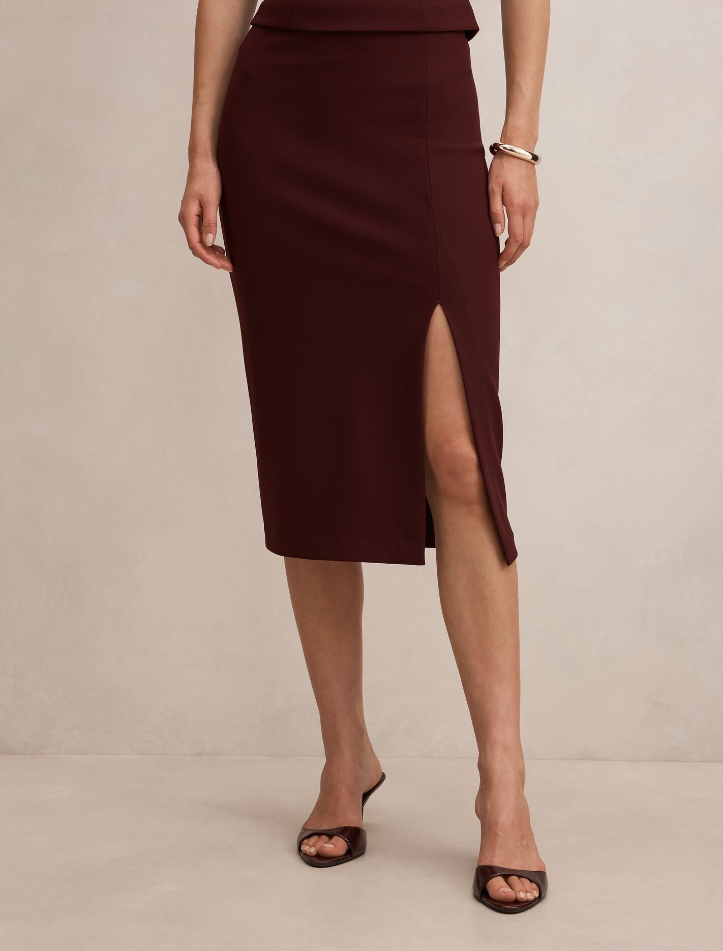 Lacey Crepe Split Midi Skirt Berry Set Forever New
