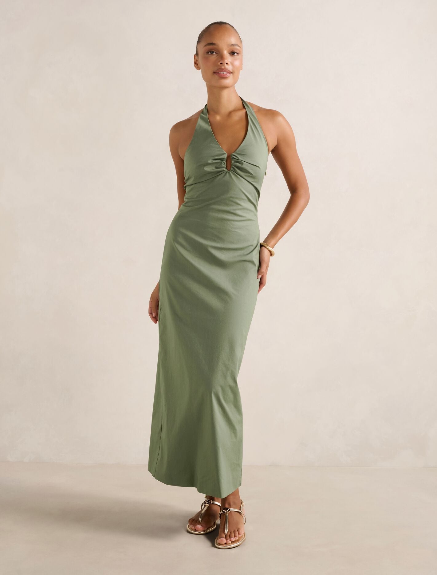 Tia Stretch Cotton Halter Midi Dress Garden Green Forever New