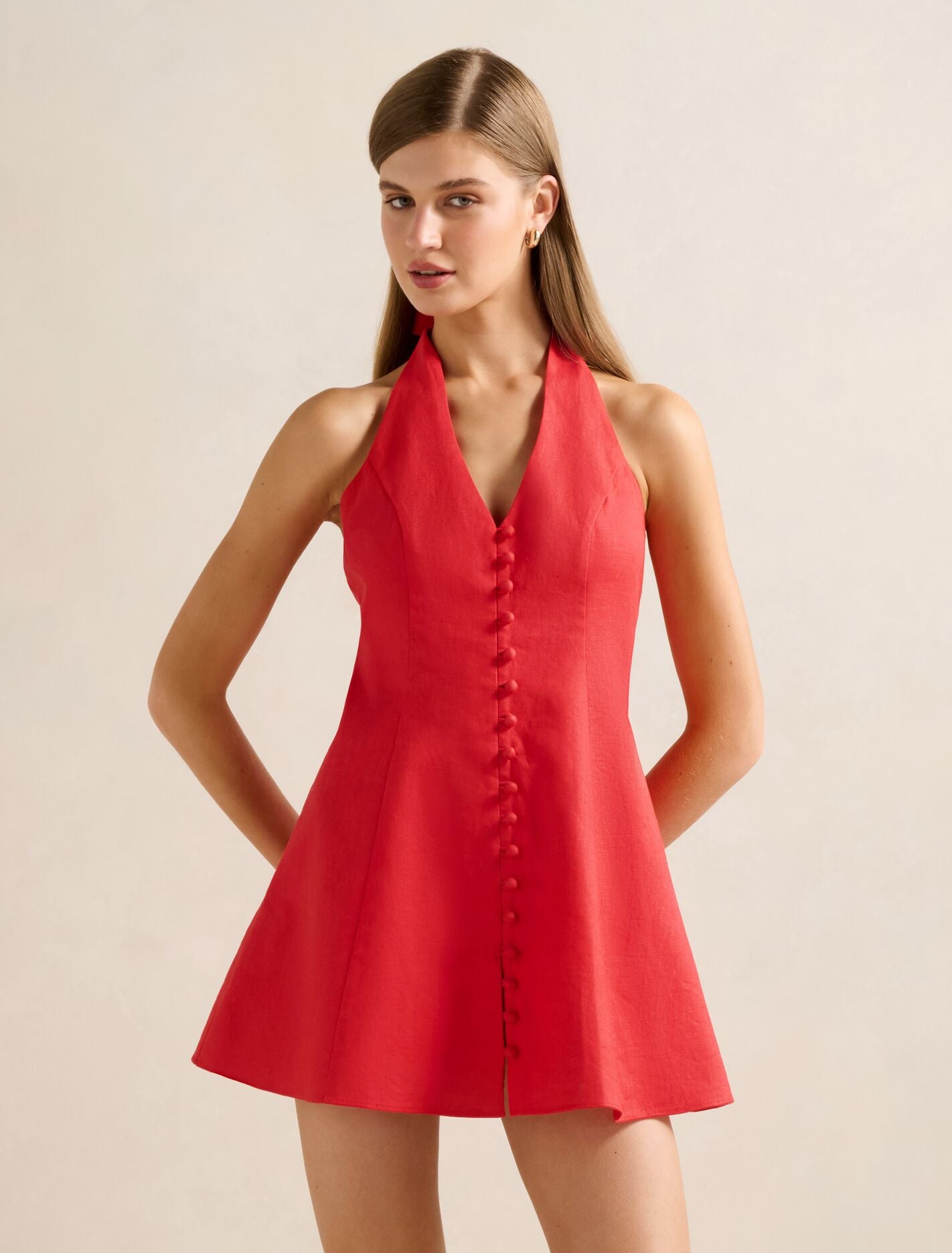 Ina Button Front Halter Linen Mini Dress Bright Red Forever New