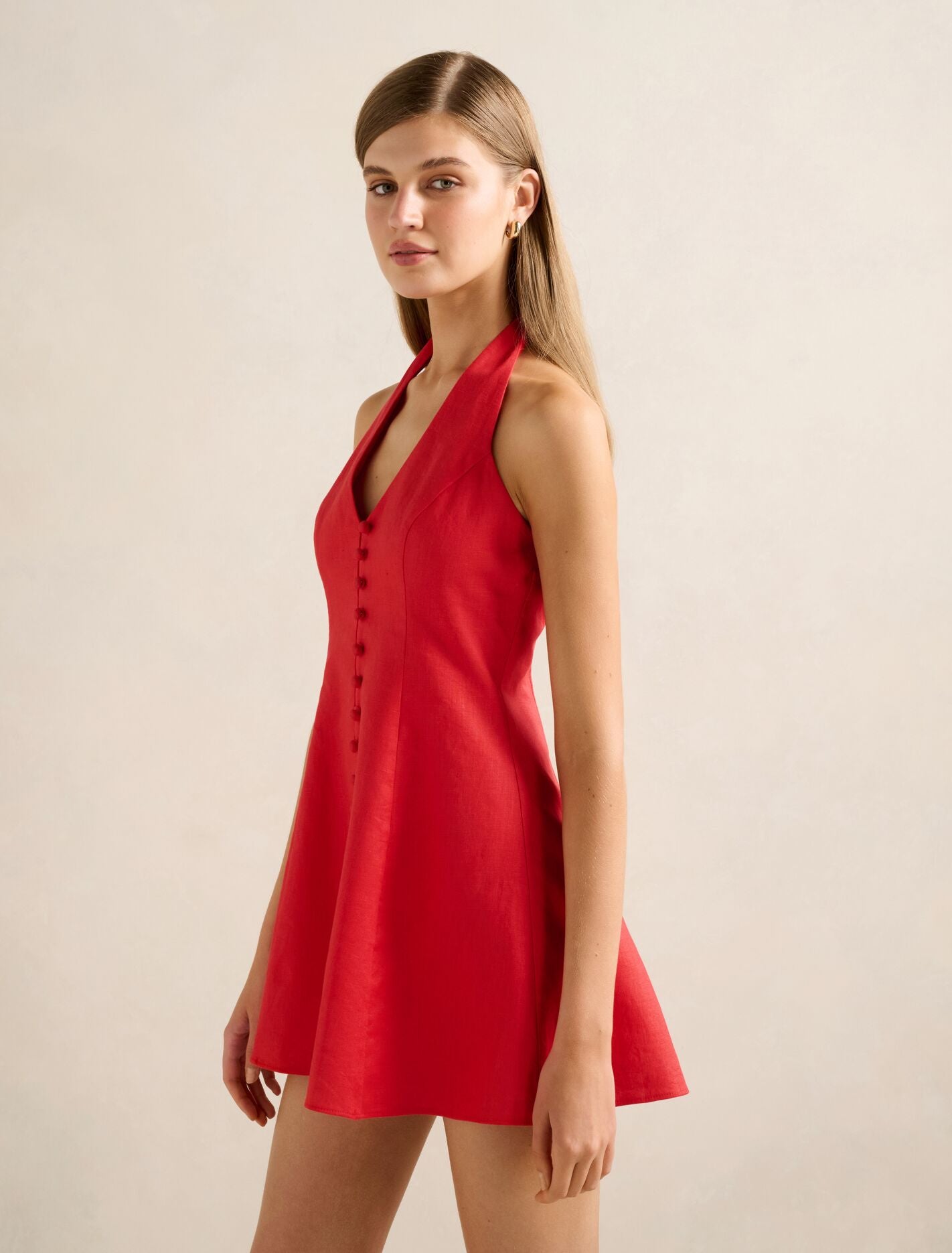 Ina Button Front Halter Linen Mini Dress Forever New
