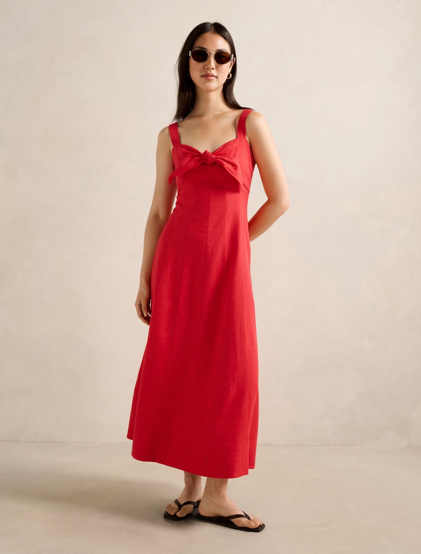 Kara Tie Front Linen Midi Dress Bright Red Forever New