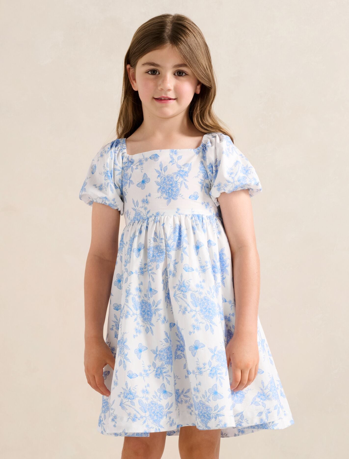 Ria Girls Puff Sleeve Print Dress Blue Butterfly Forever New