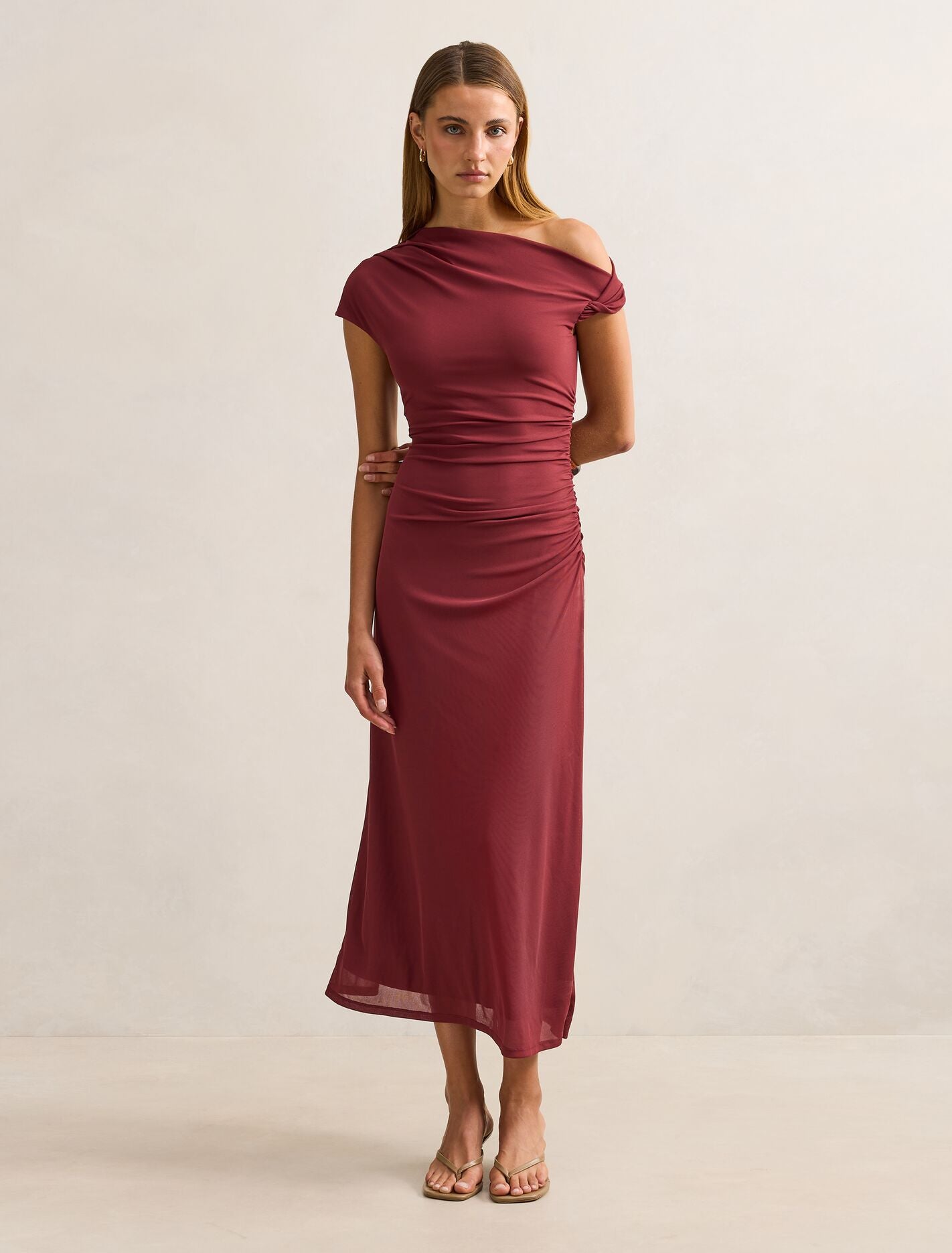 Paris Draped Mesh Midi Dress Red Currant Forever New