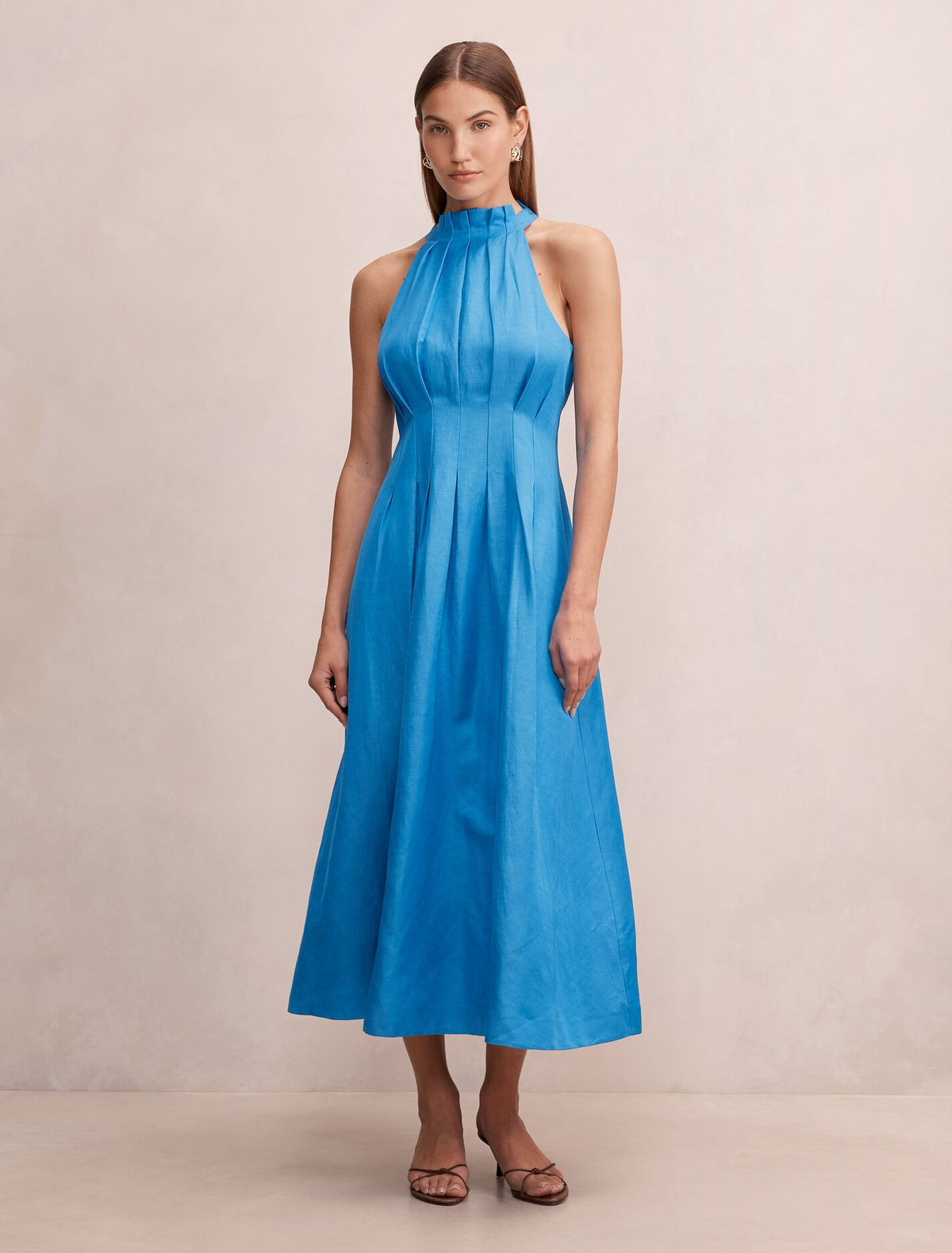 Miller Pleat Halter Midi Dress Mediterranean Blue Forever New