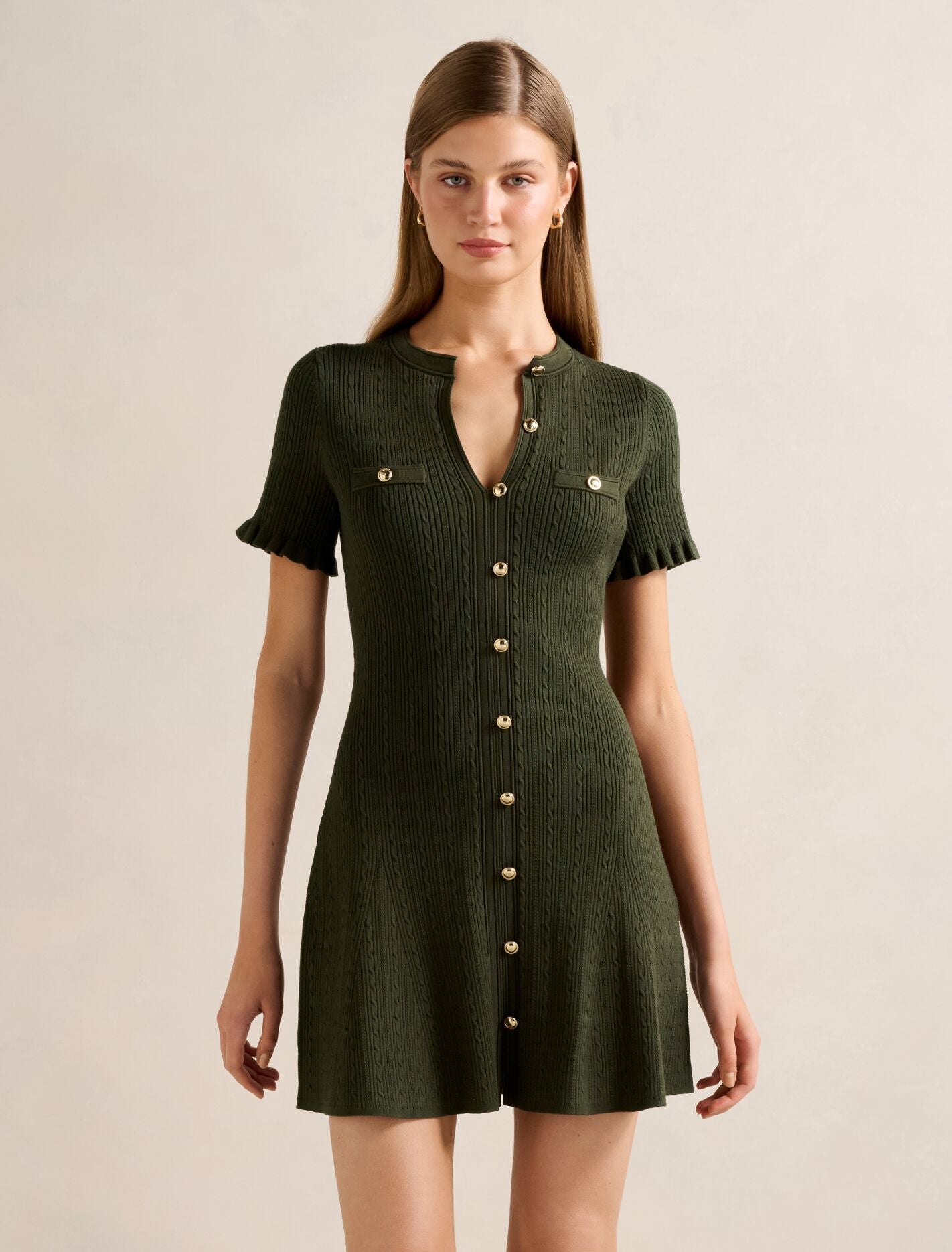 Violetta Stitch Interest Mini Dress Khaki Forever New